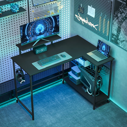 Reversible L-Shaped Gaming Desk with Monitor Stand & Adjustable Mesh Shelf, 114.5 x 82 cm (45.1 x 32.3 in), Black Carbon-Fiber