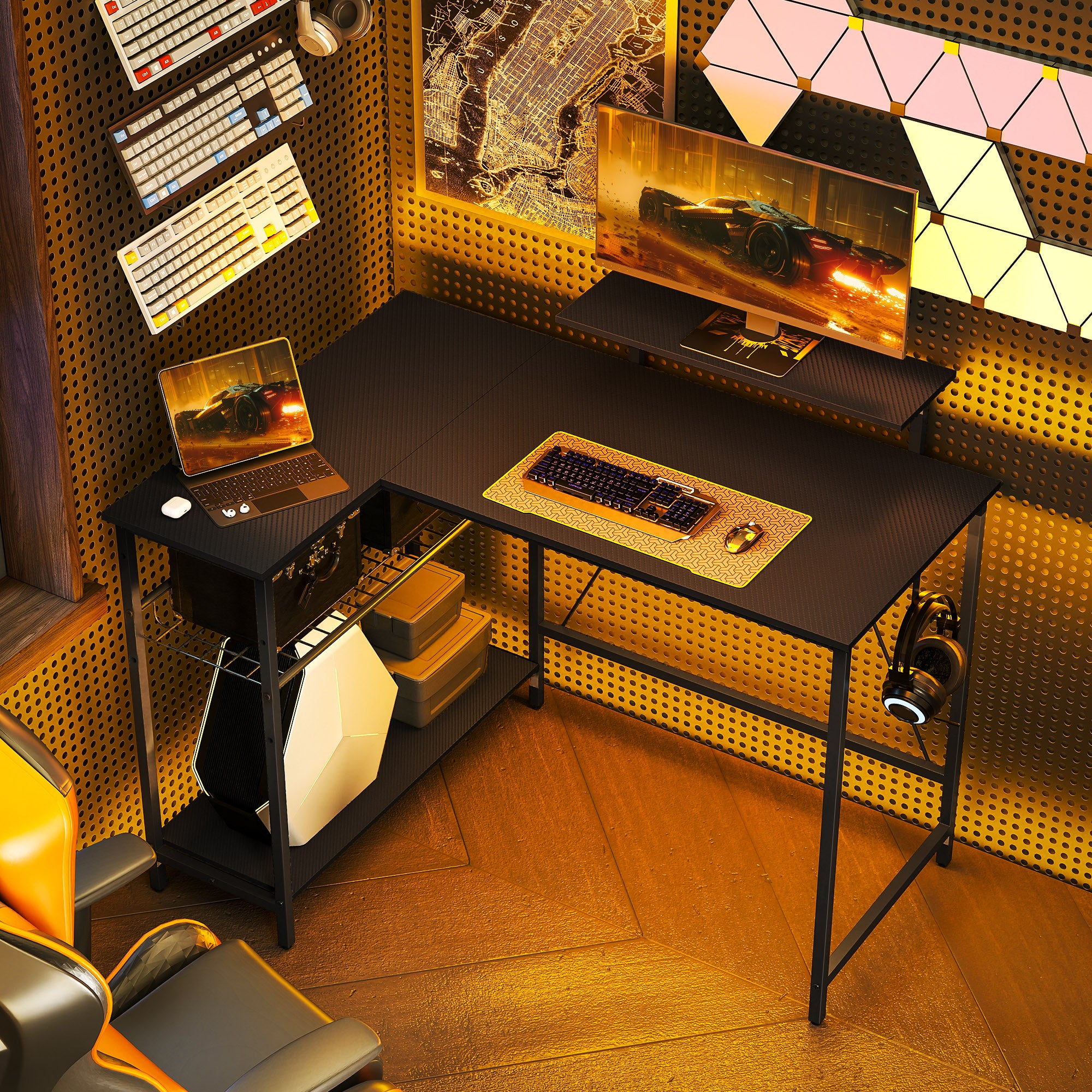 Reversible L-Shaped Gaming Desk with Monitor Stand & Adjustable Mesh Shelf, 114.5 x 82 cm (45.1 x 32.3 in), Black Carbon-Fiber