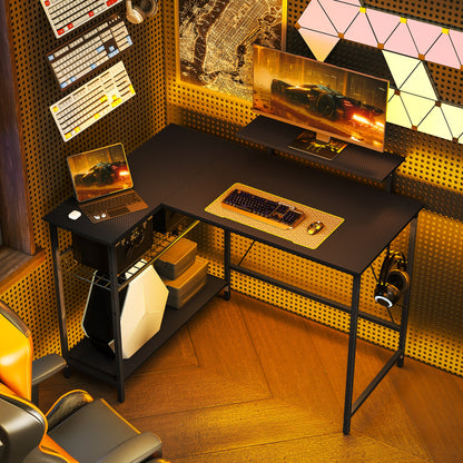 Reversible L-Shaped Gaming Desk with Monitor Stand & Adjustable Mesh Shelf, 114.5 x 82 cm (45.1 x 32.3 in), Black Carbon-Fiber