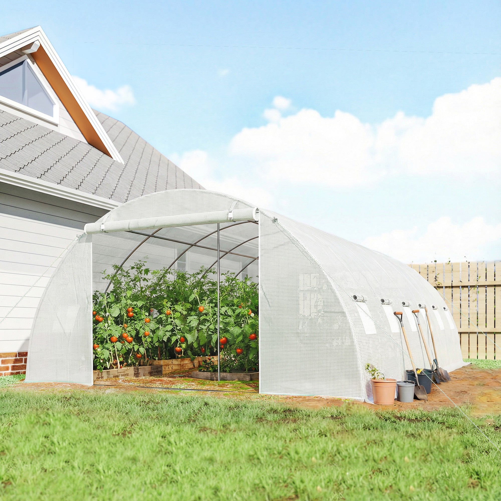 Outdoor Tunnel Greenhouse, 6 x 4 x 2 m – Galvanized Steel Frame, Waterproof UV-Resistant PE Cover, Roll-Up Doors & Mesh Windows, White