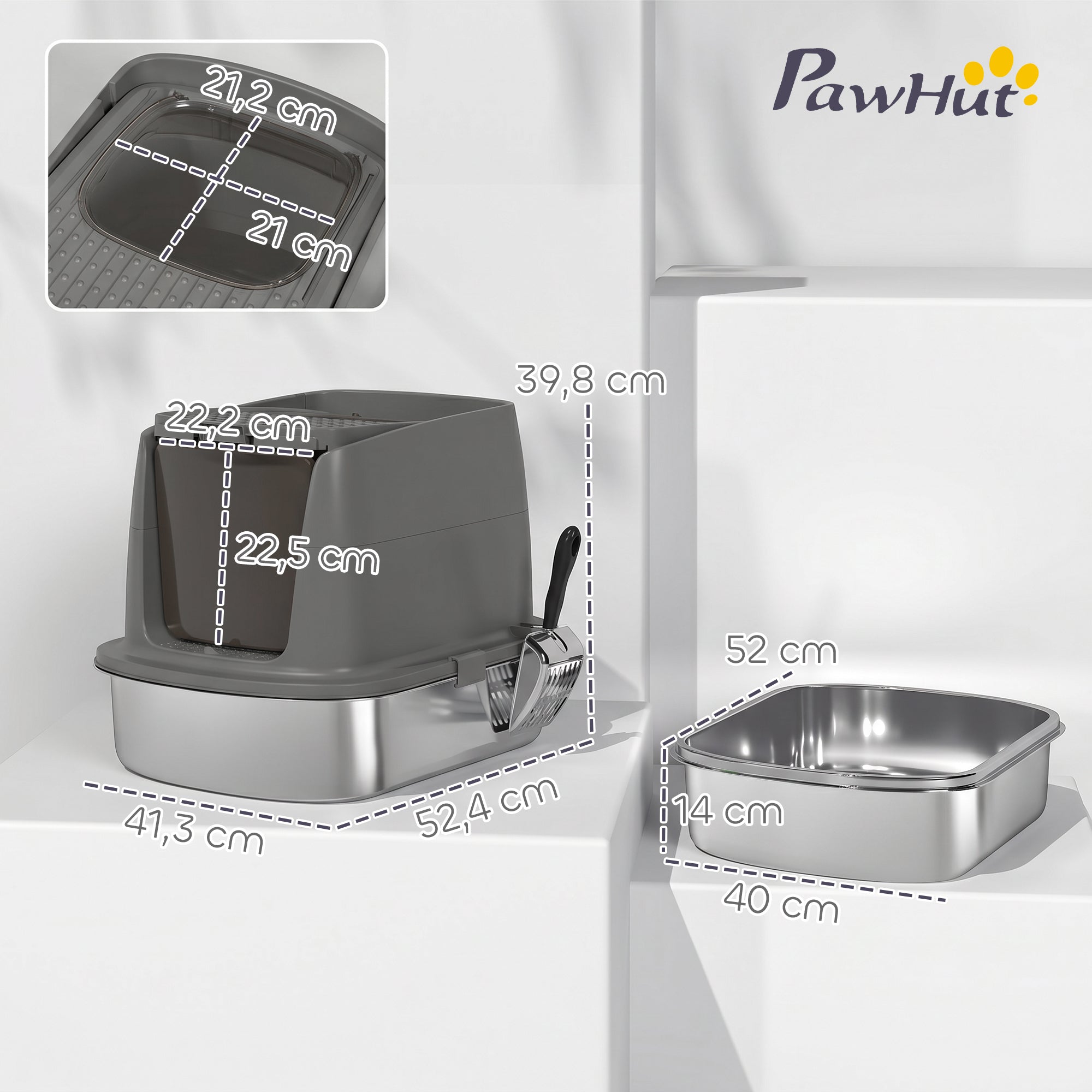 Stainless Steel Covered Cat Litter Box with Lid — Large Top/Front Entry, Metal Scoop & Deodorizer Bag, Odor-Resistant, Easy to Clean, Dark Gray