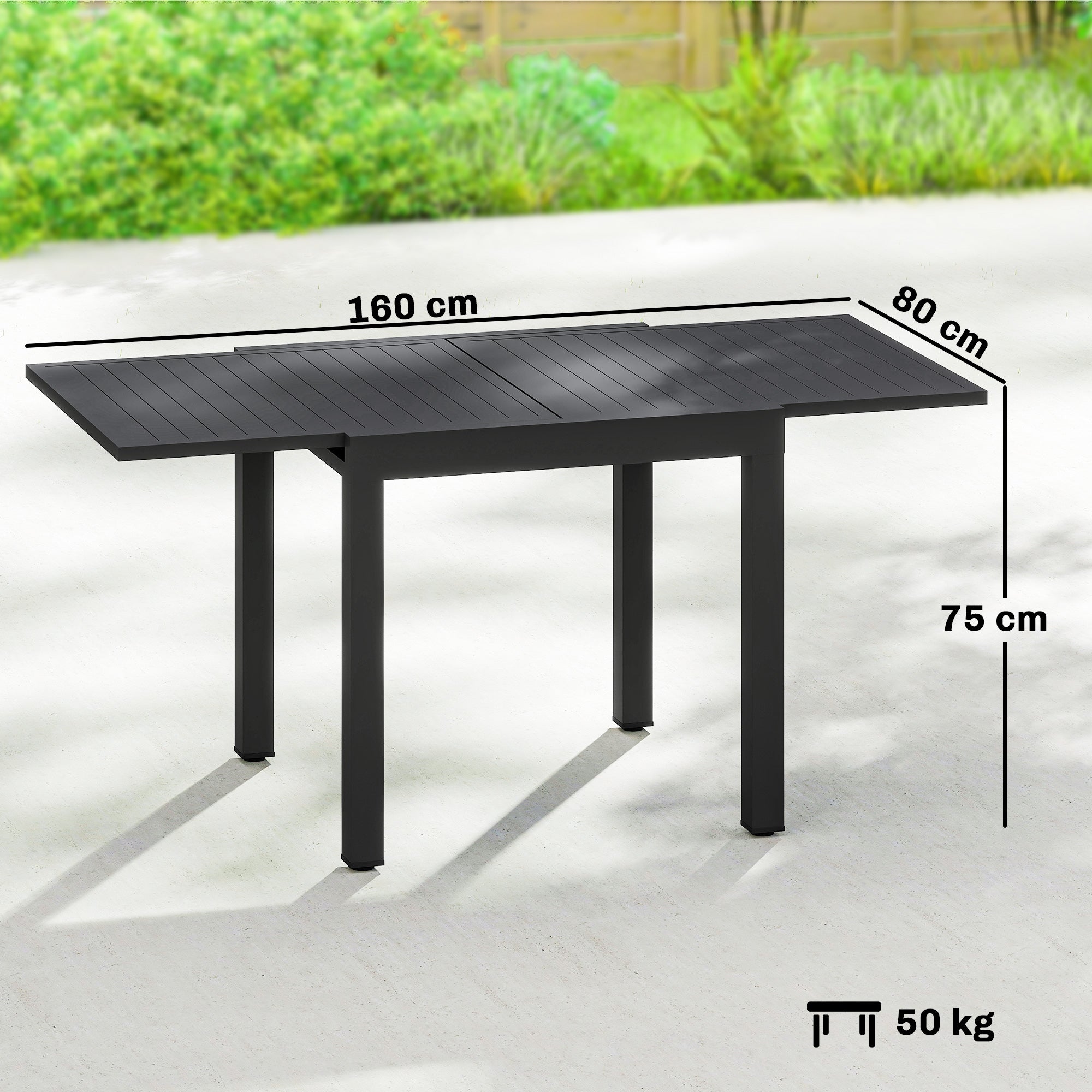 Extendable Outdoor Dining Table for 4–6, 31.5/63 x 31.5 in (80/160 x 80 cm) — Black Powder-Coated Aluminum Slatted Top