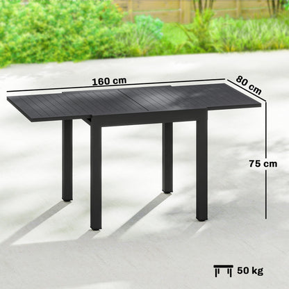 Extendable Outdoor Dining Table for 4–6, 31.5/63 x 31.5 in (80/160 x 80 cm) — Black Powder-Coated Aluminum Slatted Top