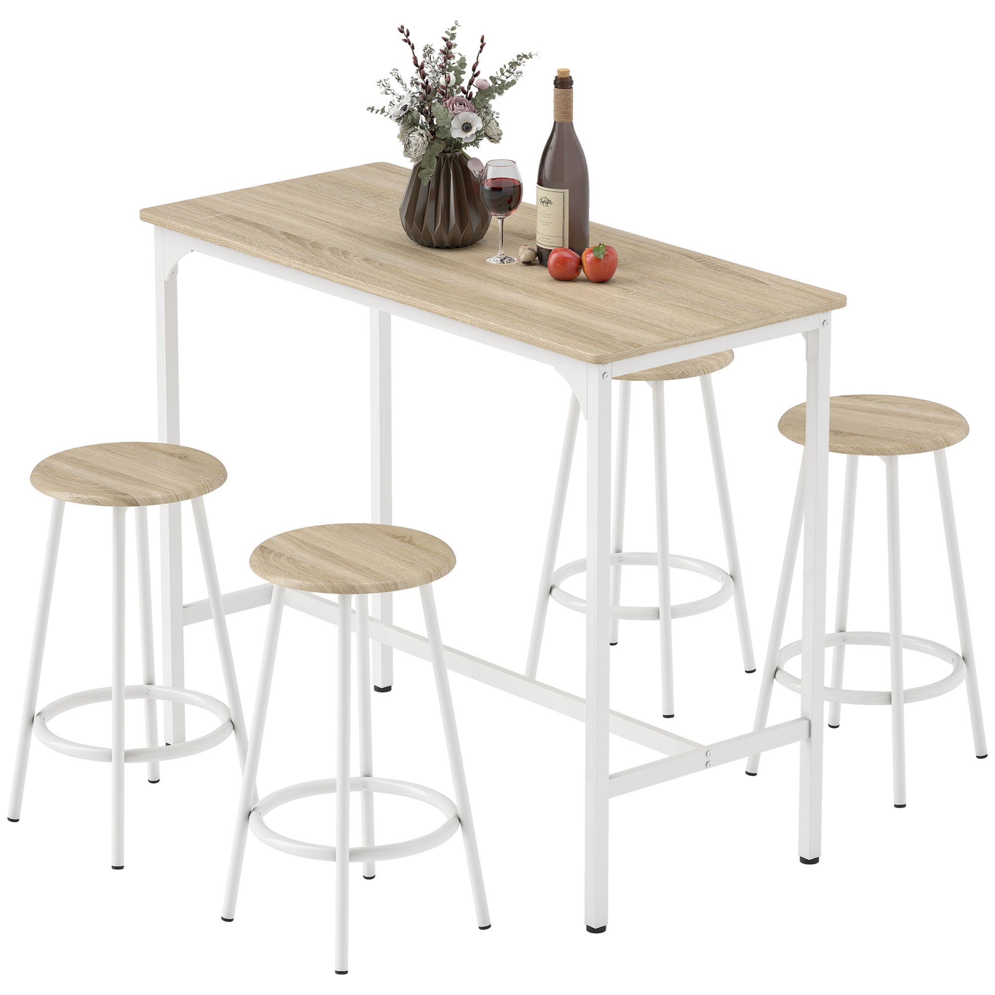 Bar Table Set with 4 Stools — High Kitchen/Dining Table with Footrests, Modern Metal Frame, Natural Wood Effect