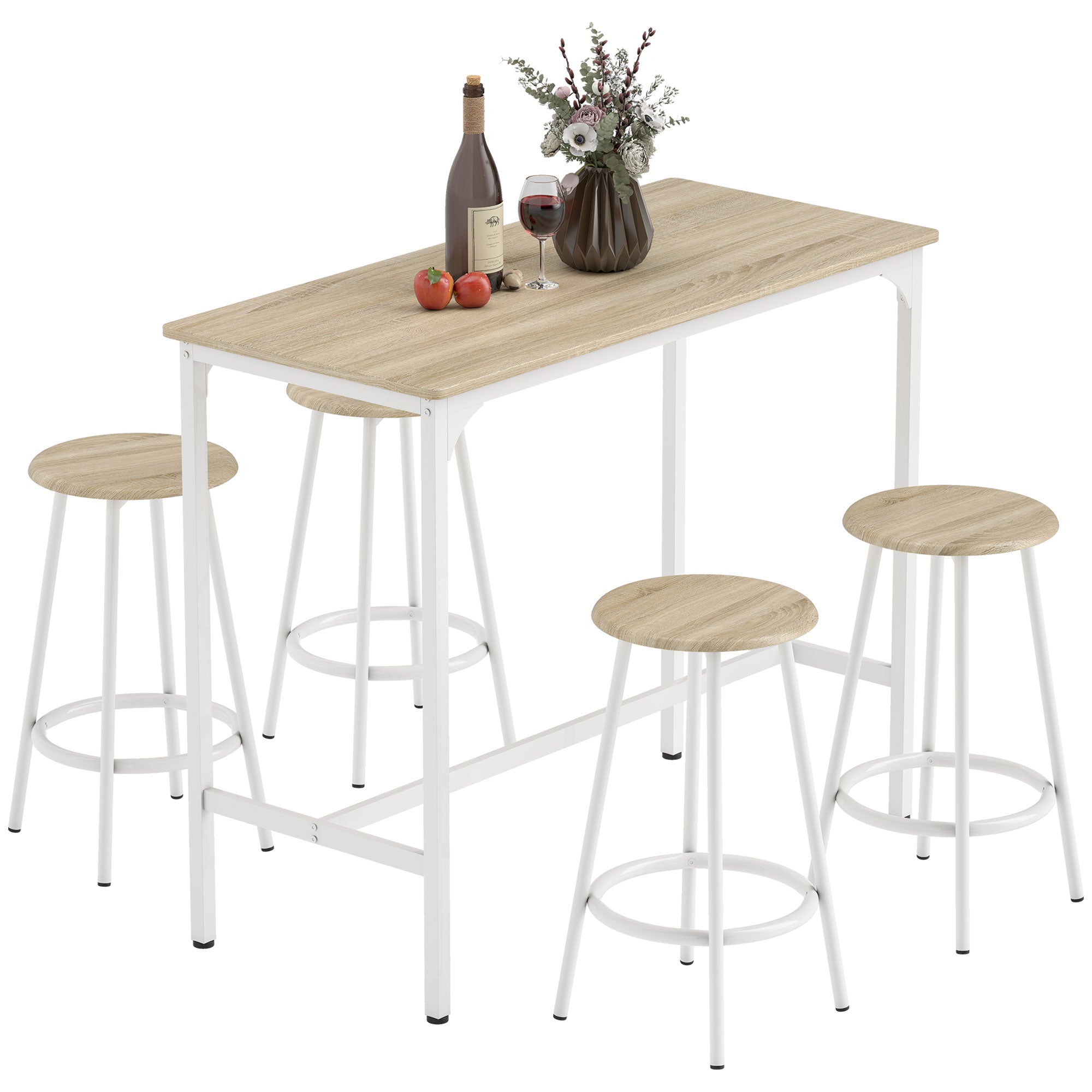 Bar Table Set with 4 Stools — High Kitchen/Dining Table with Footrests, Modern Metal Frame, Natural Wood Effect