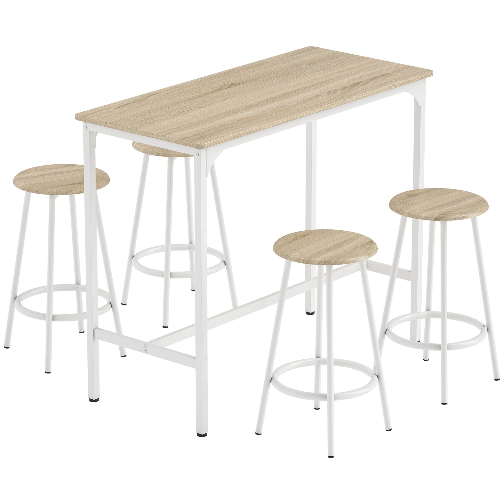 Bar Table Set with 4 Stools — High Kitchen/Dining Table with Footrests, Modern Metal Frame, Natural Wood Effect