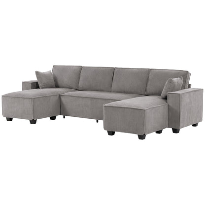 Corner Sectional 311 cm with Double Chaises, U-Shaped Corduroy Sofa with Wide Deep Seats, Pocket Spring Cushions, Wide Armrests, 4-Seater Living Room Sofa, Light Gray