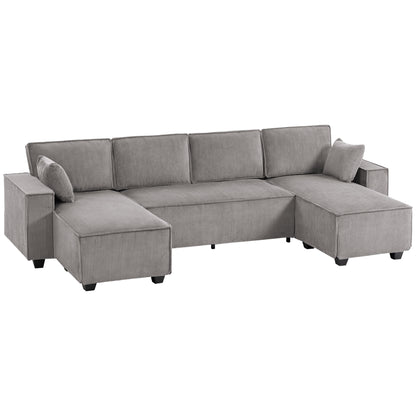 Corner Sectional 311 cm with Double Chaises, U-Shaped Corduroy Sofa with Wide Deep Seats, Pocket Spring Cushions, Wide Armrests, 4-Seater Living Room Sofa, Light Gray