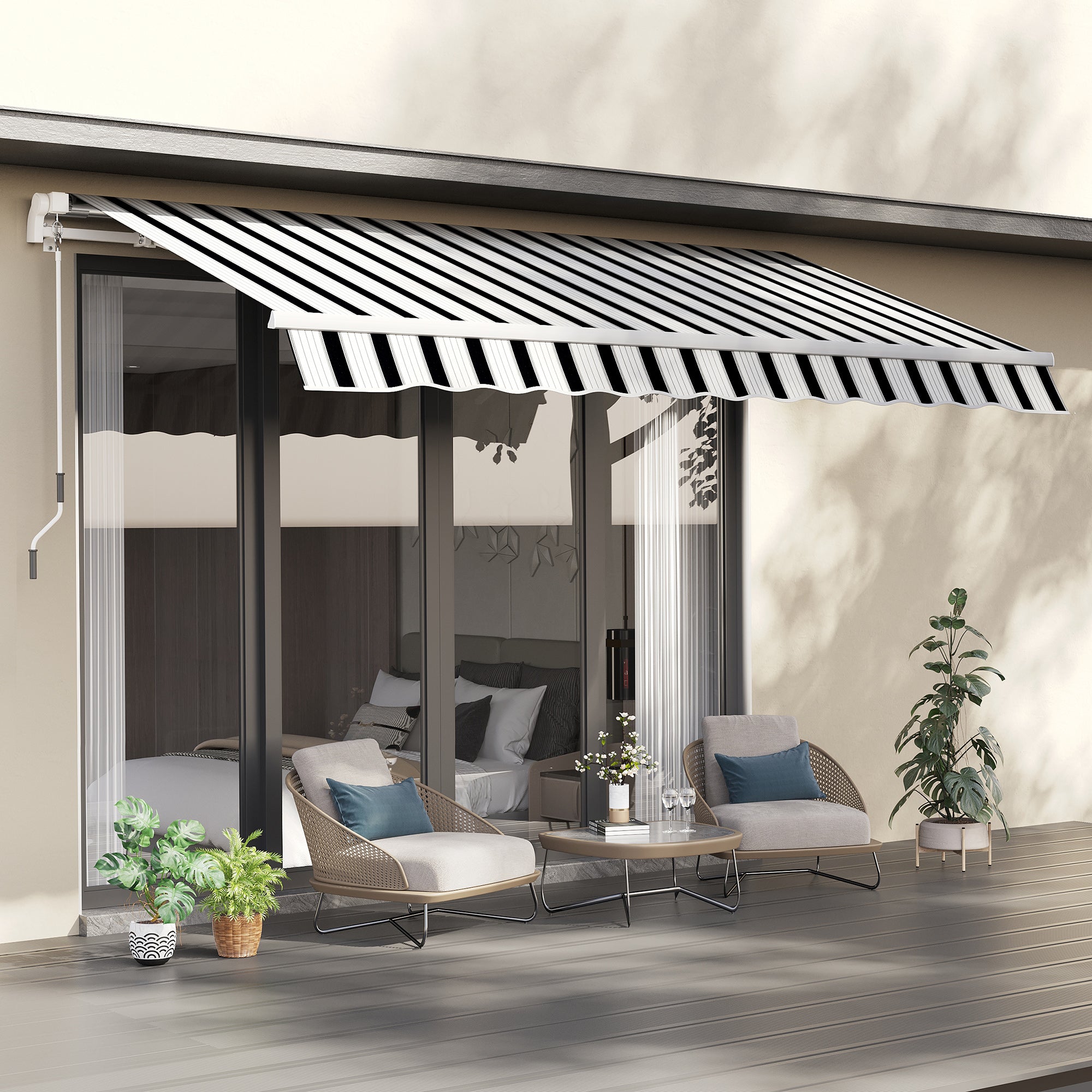Manual Crank Arm Awning Awning 3.95m with Hand Crank Balcony Awning Sun Protection Wall Mount Balcony Aluminum White+Blue 395 x 245 cm