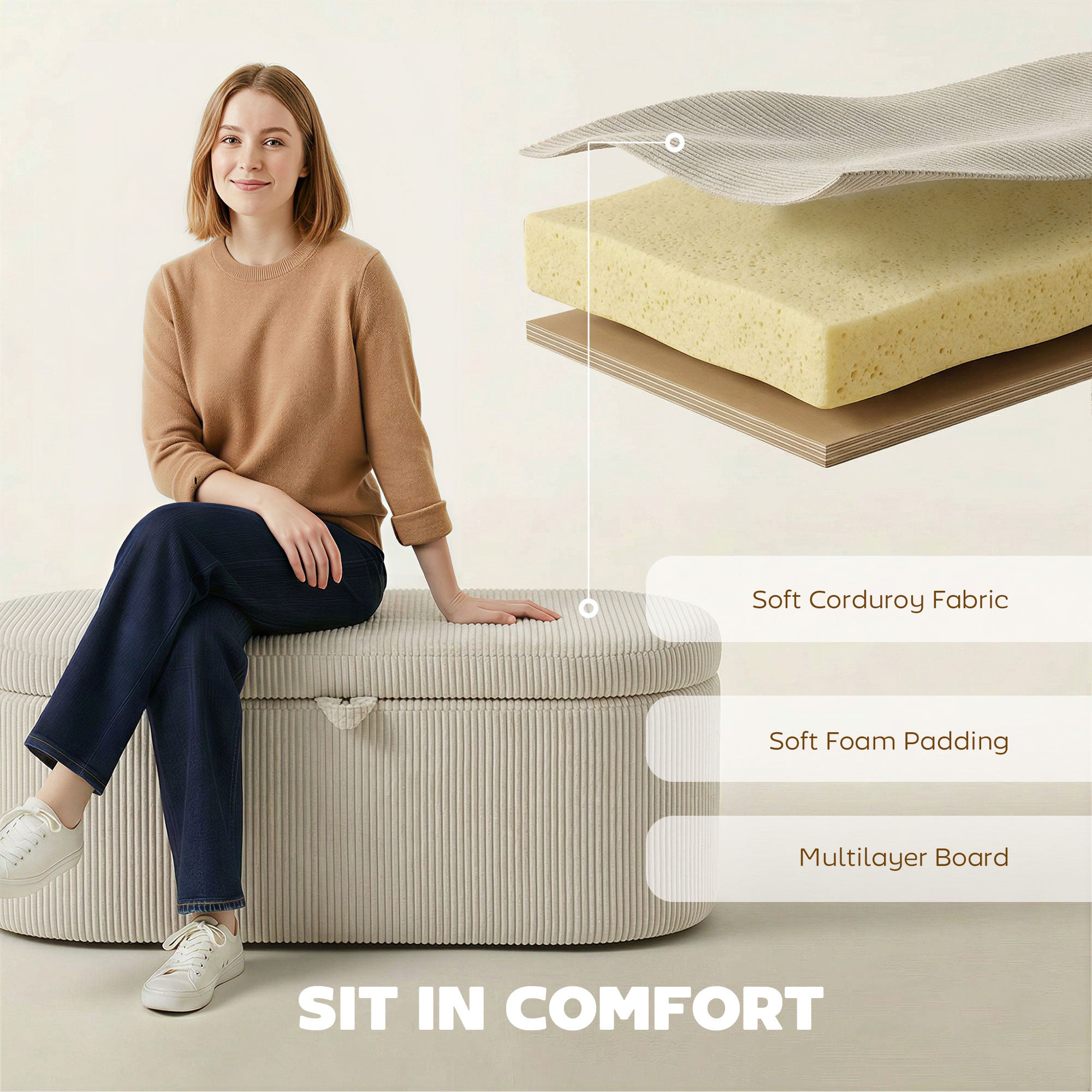 Upholstered Storage Bench with Corduroy Stripe – 41.3 x 20.1 x 19.3 in, Hidden Storage Ottoman, 441 lb Capacity, Beige