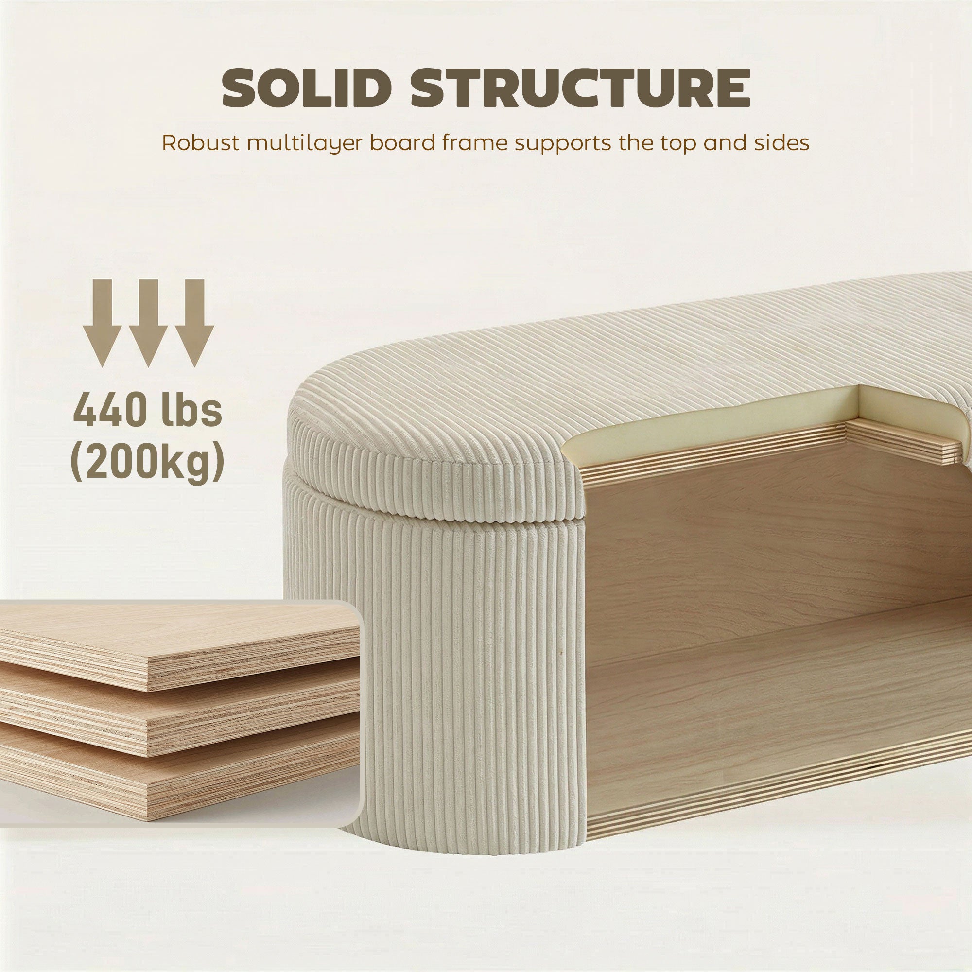 Upholstered Storage Bench with Corduroy Stripe – 41.3 x 20.1 x 19.3 in, Hidden Storage Ottoman, 441 lb Capacity, Beige