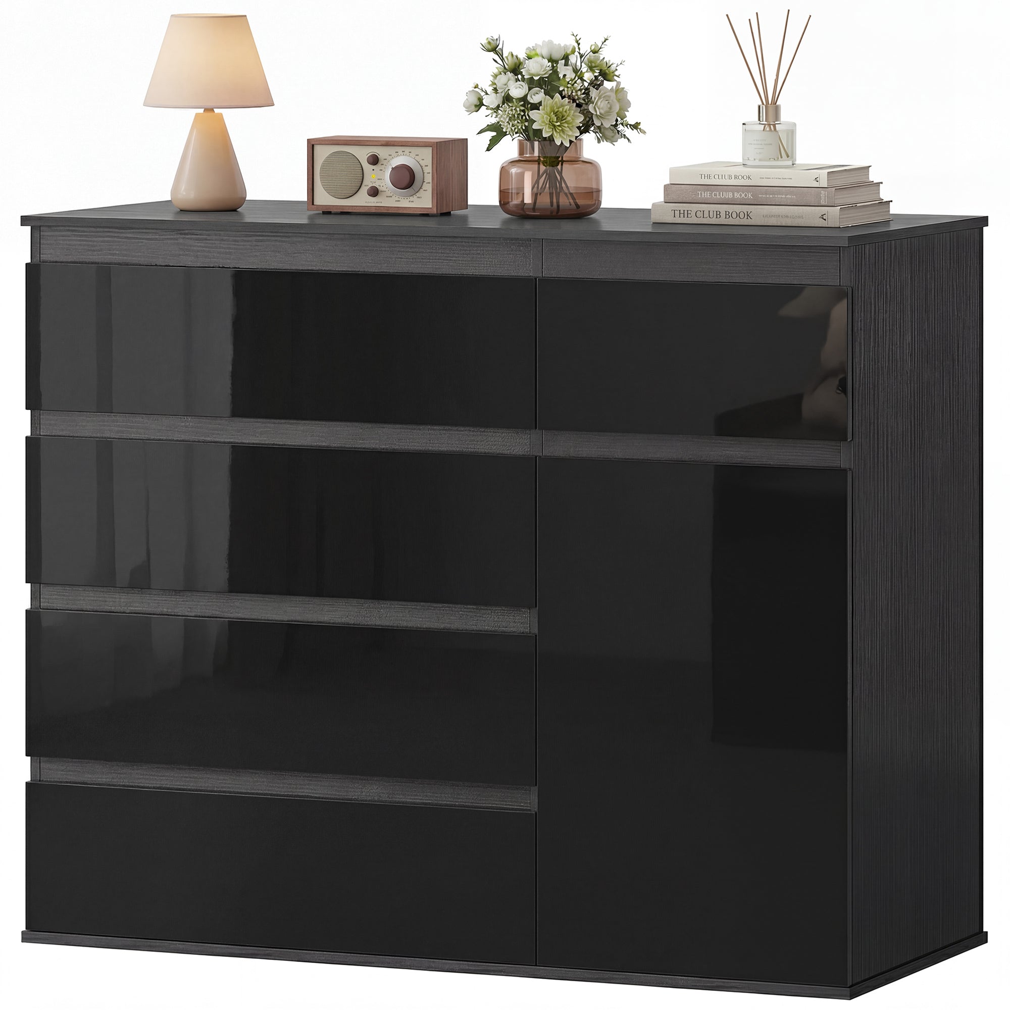 Sideboard — 5-Drawer Dresser with Adjustable Shelf & Soft-Close Door, Kitchen Cabinet for Living Room/Kitchen/Dining, High-Gloss Black, 39.4 x 15.7 x 31.5 in (100 x 40 x 80 cm)