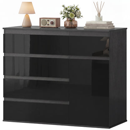 Sideboard — 5-Drawer Dresser with Adjustable Shelf & Soft-Close Door, Kitchen Cabinet for Living Room/Kitchen/Dining, High-Gloss Black, 39.4 x 15.7 x 31.5 in (100 x 40 x 80 cm)