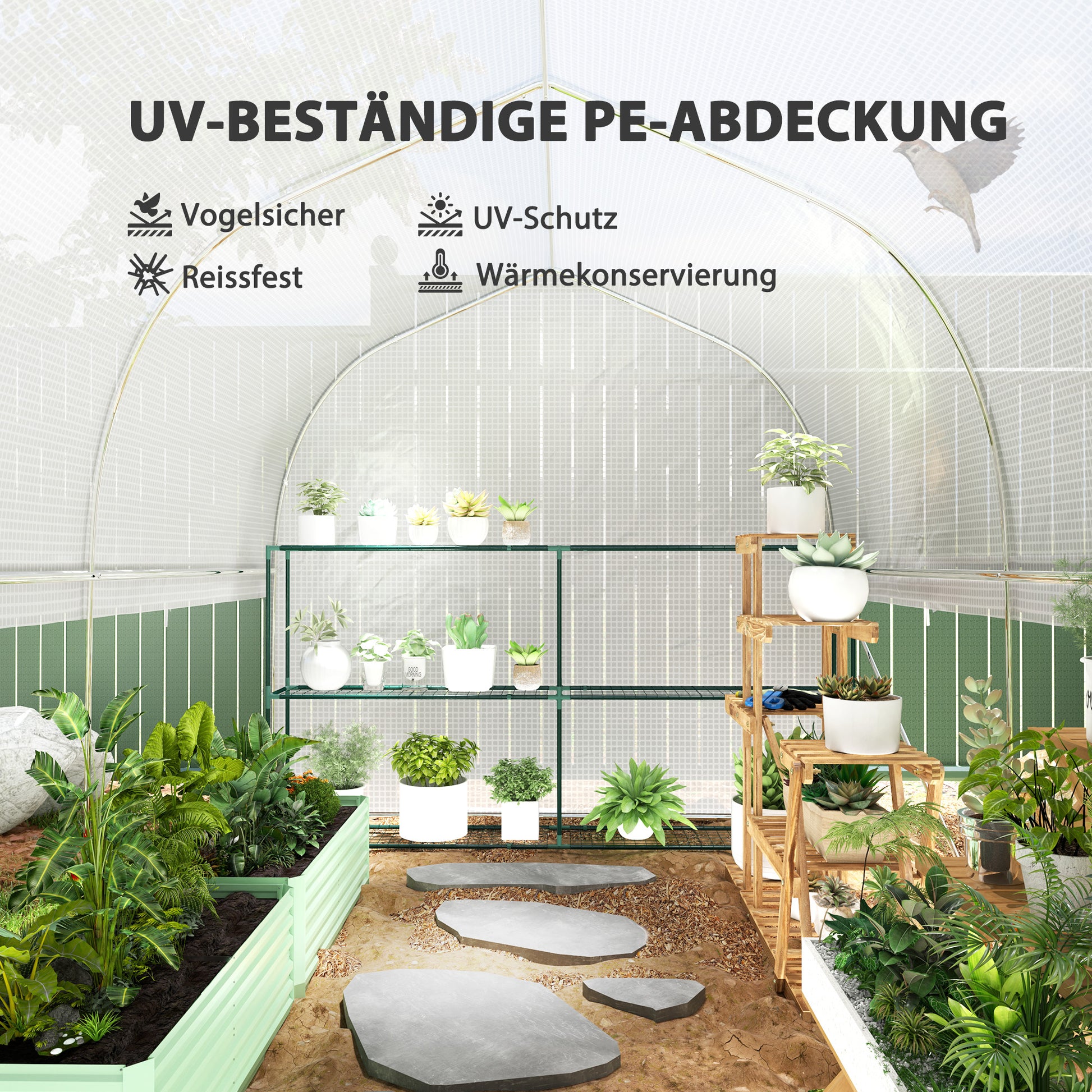 Greenhouse 3 x 2 x 2 m Foil Greenhouse with 4 Windows & Door, Roll-Up Side Walls, UV-Resistant Film Tunnel Tomato House with Galvanized Steel Frame, White