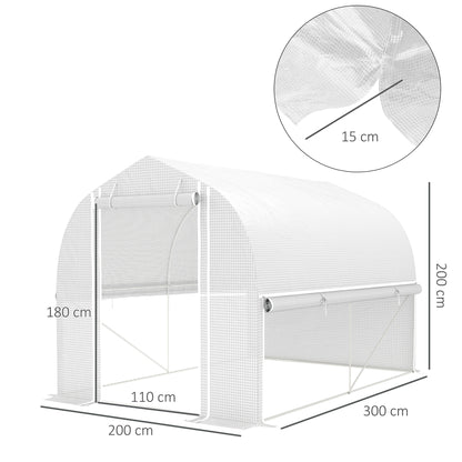 Greenhouse 3 x 2 x 2 m Foil Greenhouse with 4 Windows & Door, Roll-Up Side Walls, UV-Resistant Film Tunnel Tomato House with Galvanized Steel Frame, White