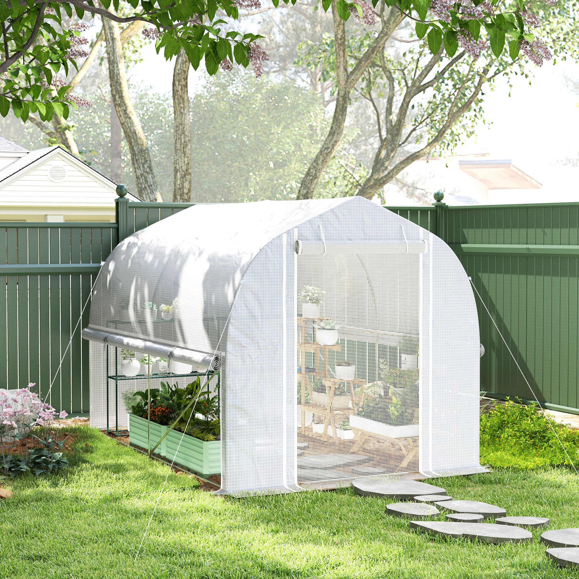 Greenhouse 3 x 2 x 2 m Foil Greenhouse with 4 Windows & Door, Roll-Up Side Walls, UV-Resistant Film Tunnel Tomato House with Galvanized Steel Frame, White