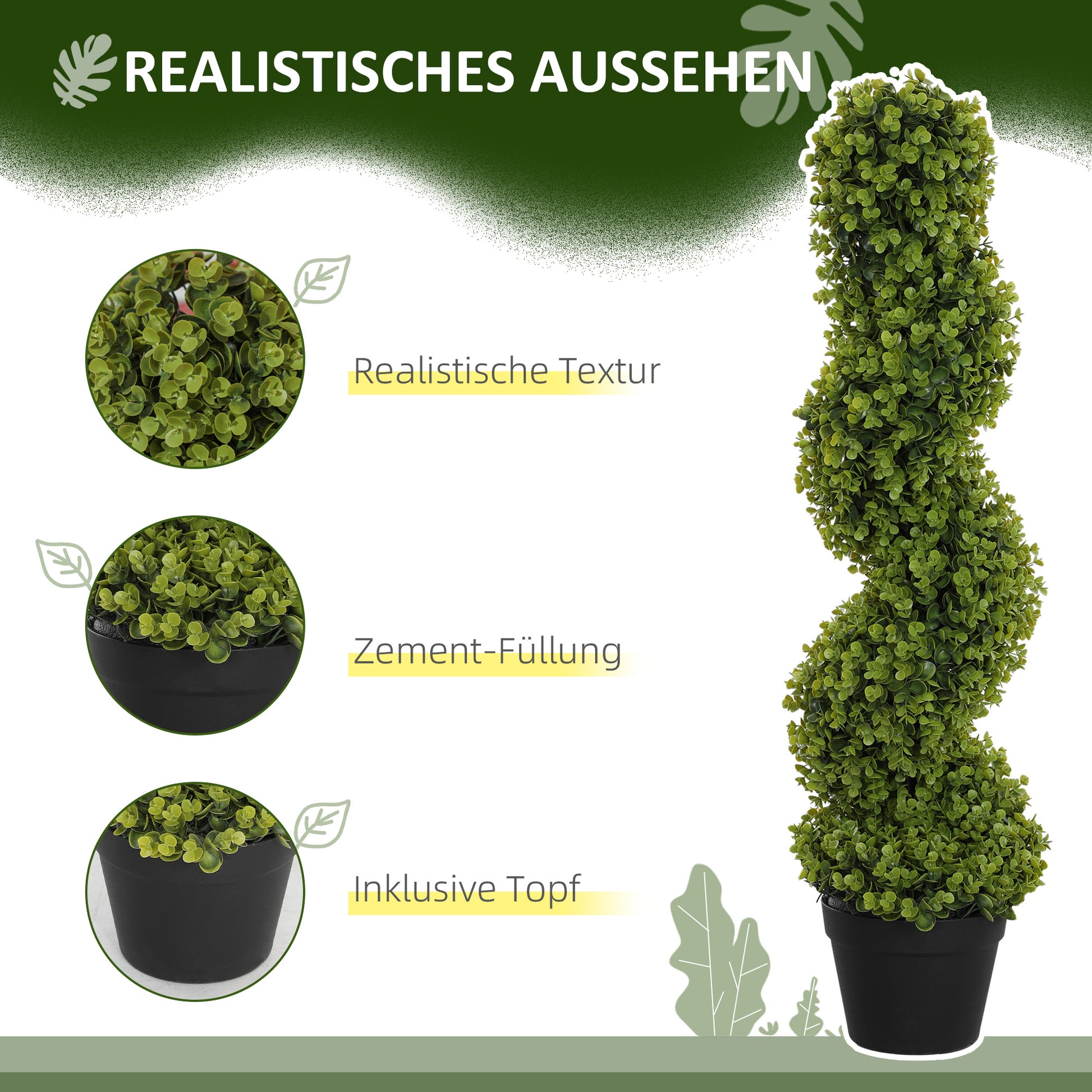 2-Piece Artificial Spiral Boxwood, 90 cm Indoor Plant, Artificial Plant with UV Protection, Large Decorative Plants in Pot for Home, Office, Hallway, Garden, Green
