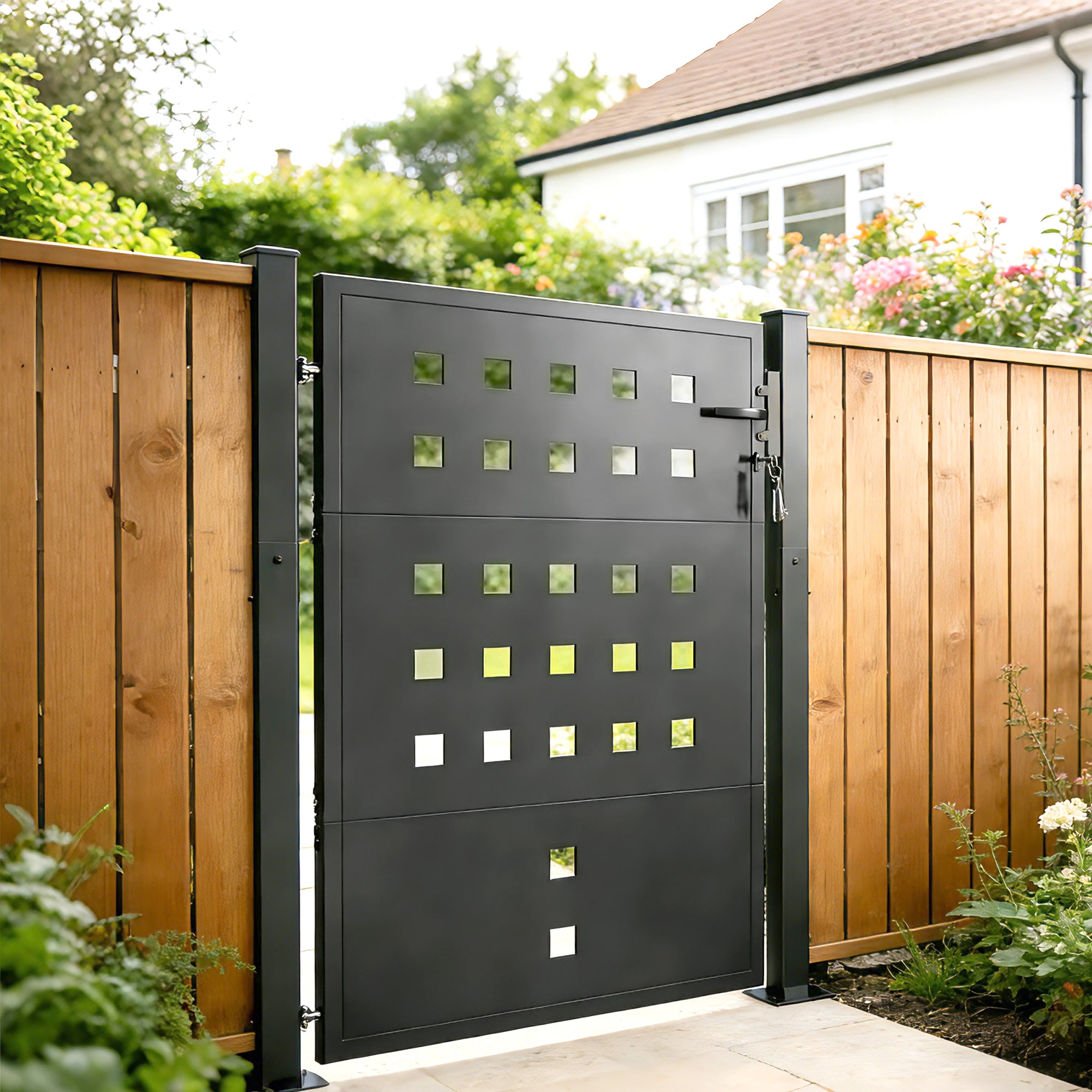 Galvanized Steel Garden Gate with Handle, Lock & 3 Keys, 105 x 130 cm, Dark Gray