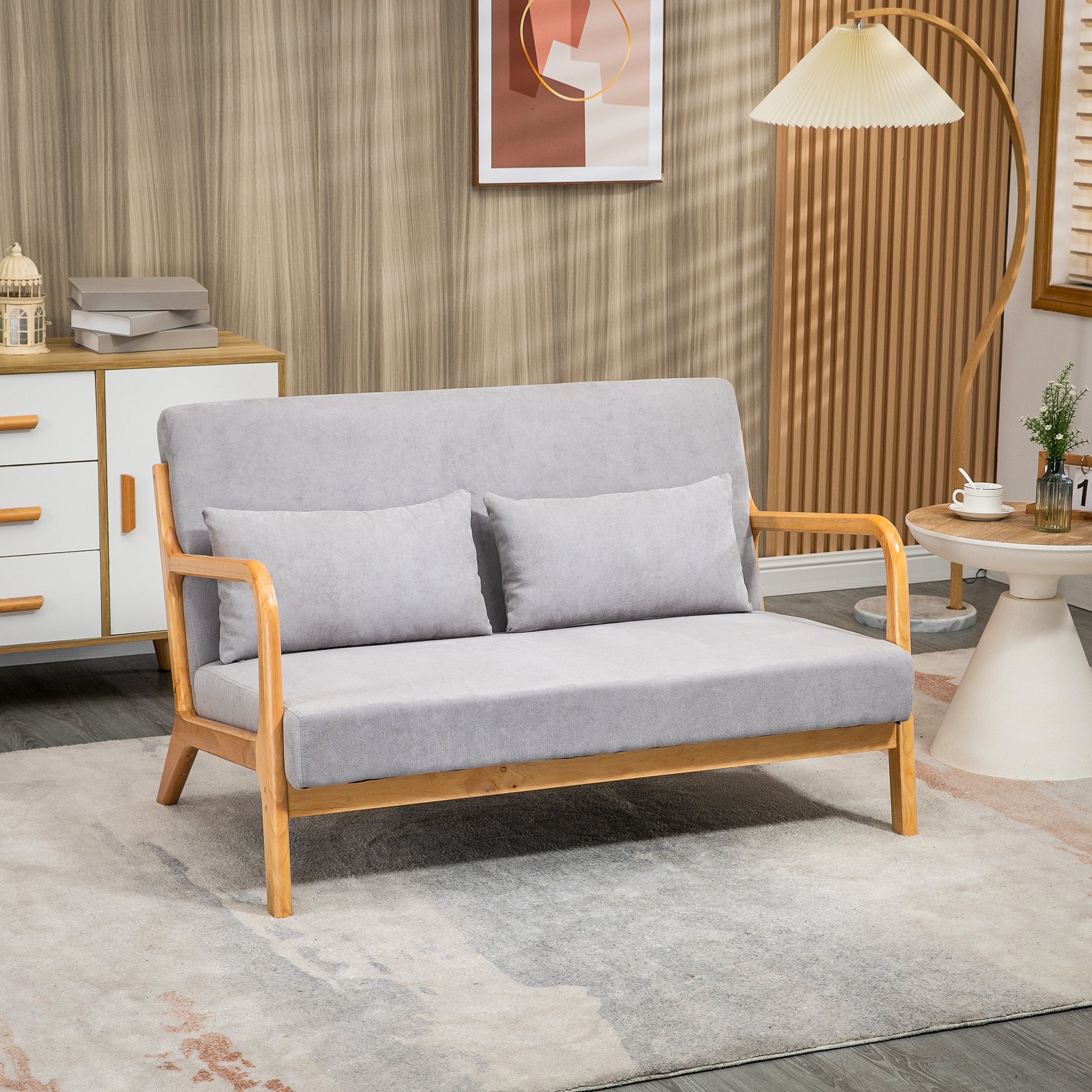 Modern 2-Seater Space-Saving Wood Sofa with Cushions, Upholstered Seat and Velvet Effect Fabric, 122x80x72 cm, Gray