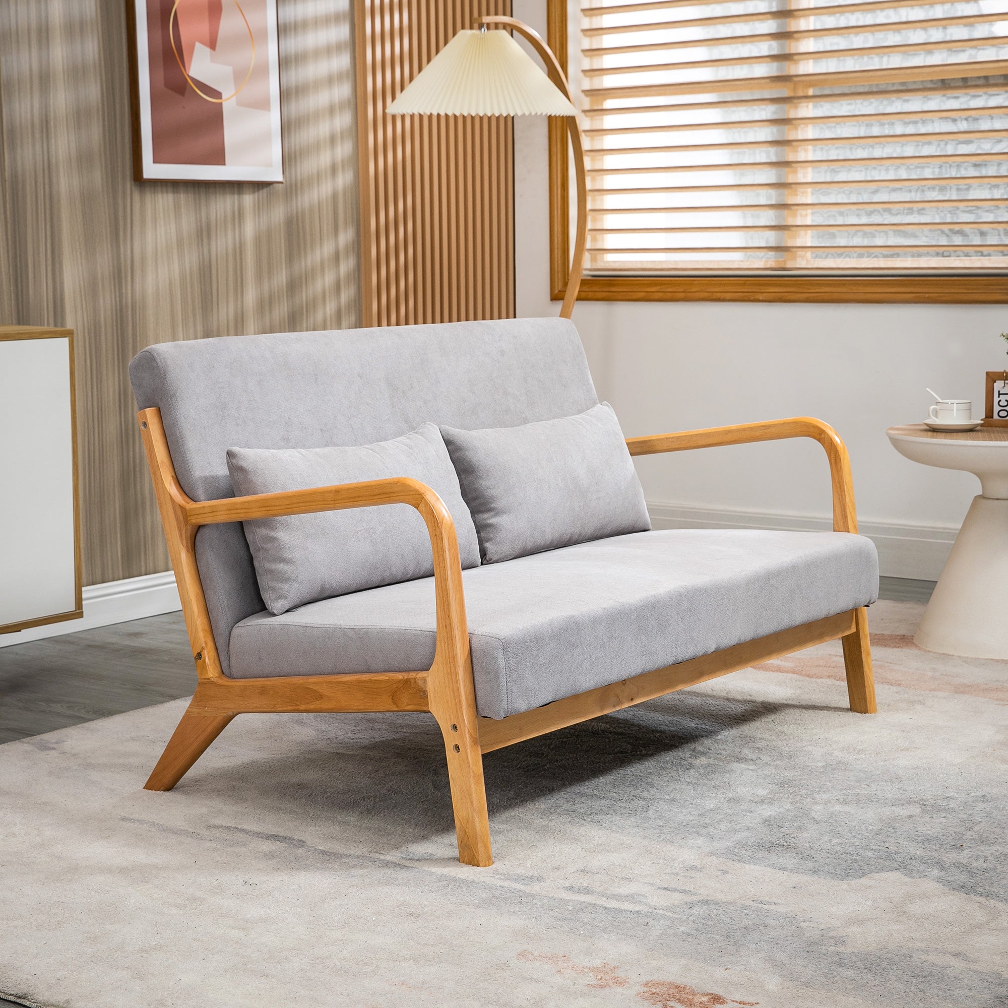 Modern 2-Seater Space-Saving Wood Sofa with Cushions, Upholstered Seat and Velvet Effect Fabric, 122x80x72 cm, Gray