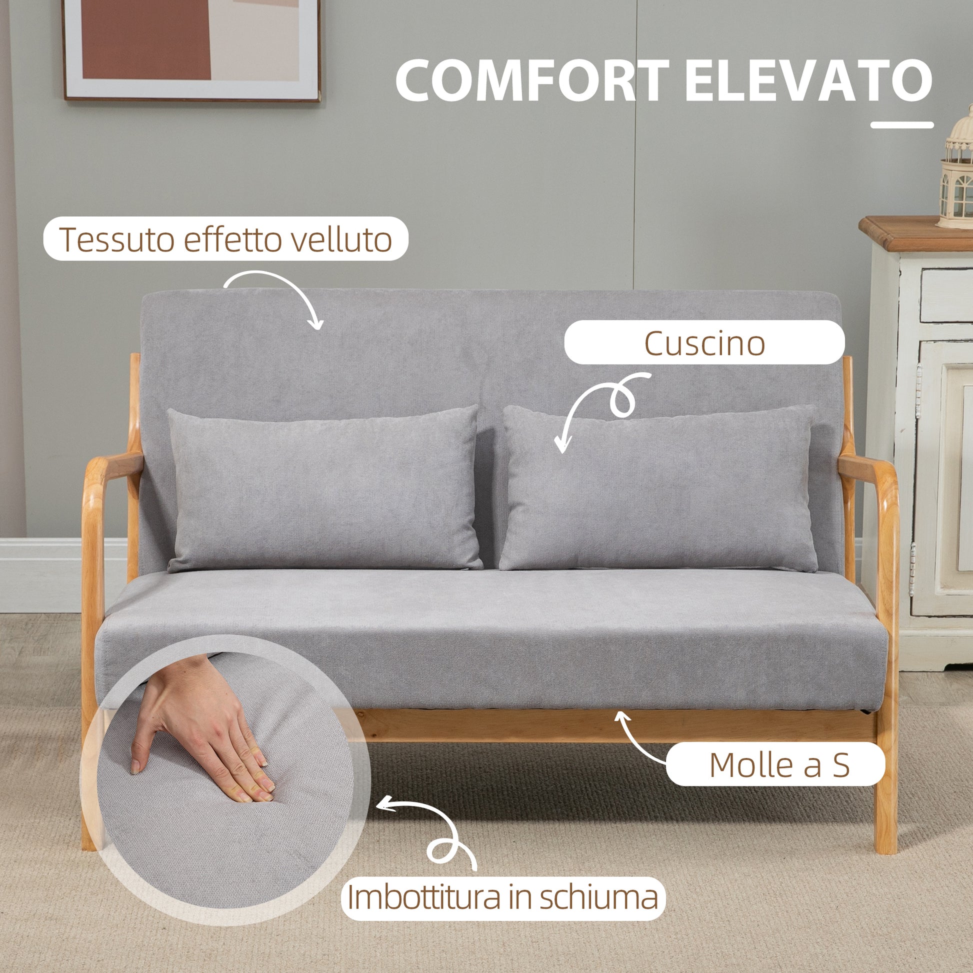 Modern 2-Seater Space-Saving Wood Sofa with Cushions, Upholstered Seat and Velvet Effect Fabric, 122x80x72 cm, Gray