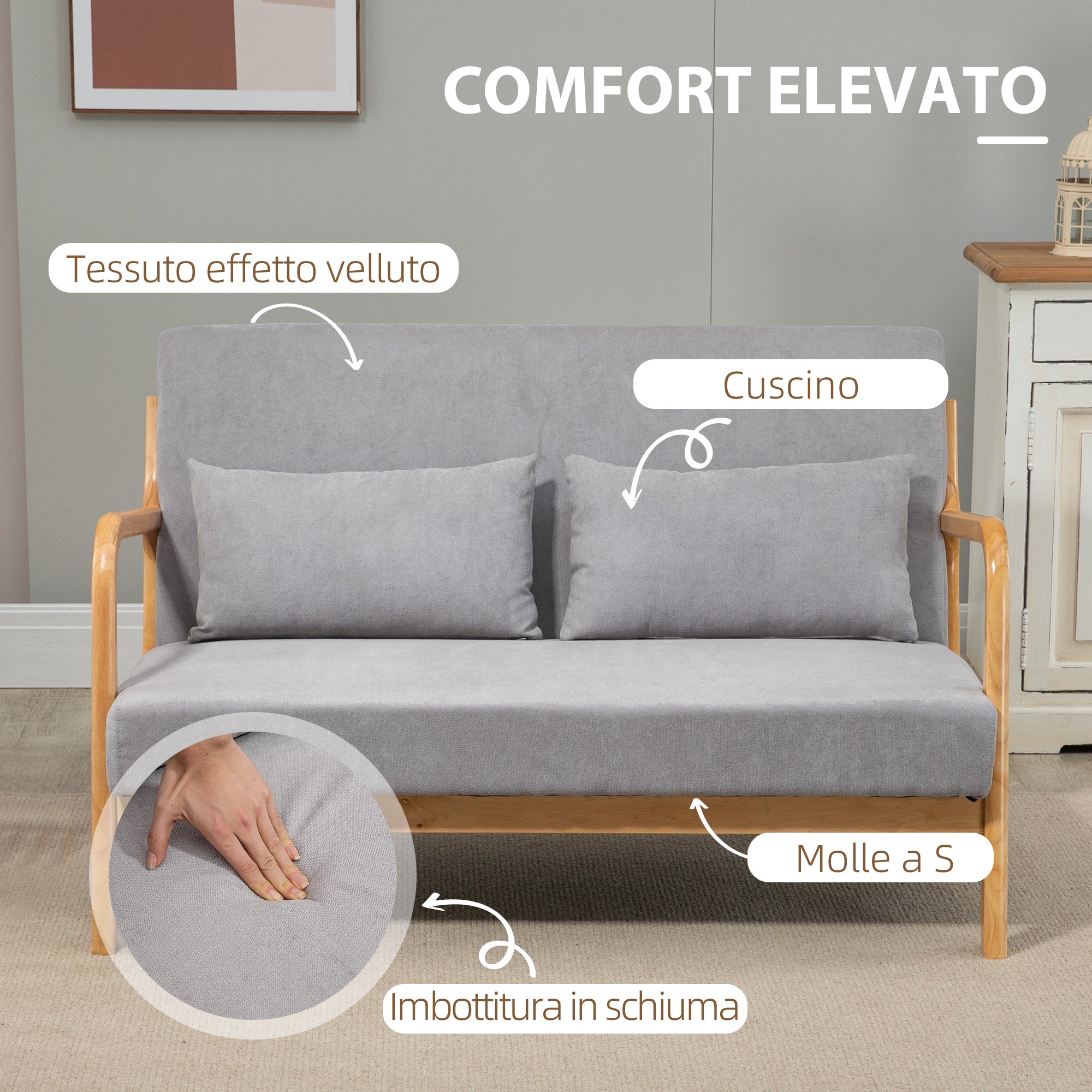 Modern 2-Seater Space-Saving Wood Sofa with Cushions, Upholstered Seat and Velvet Effect Fabric, 122x80x72 cm, Gray