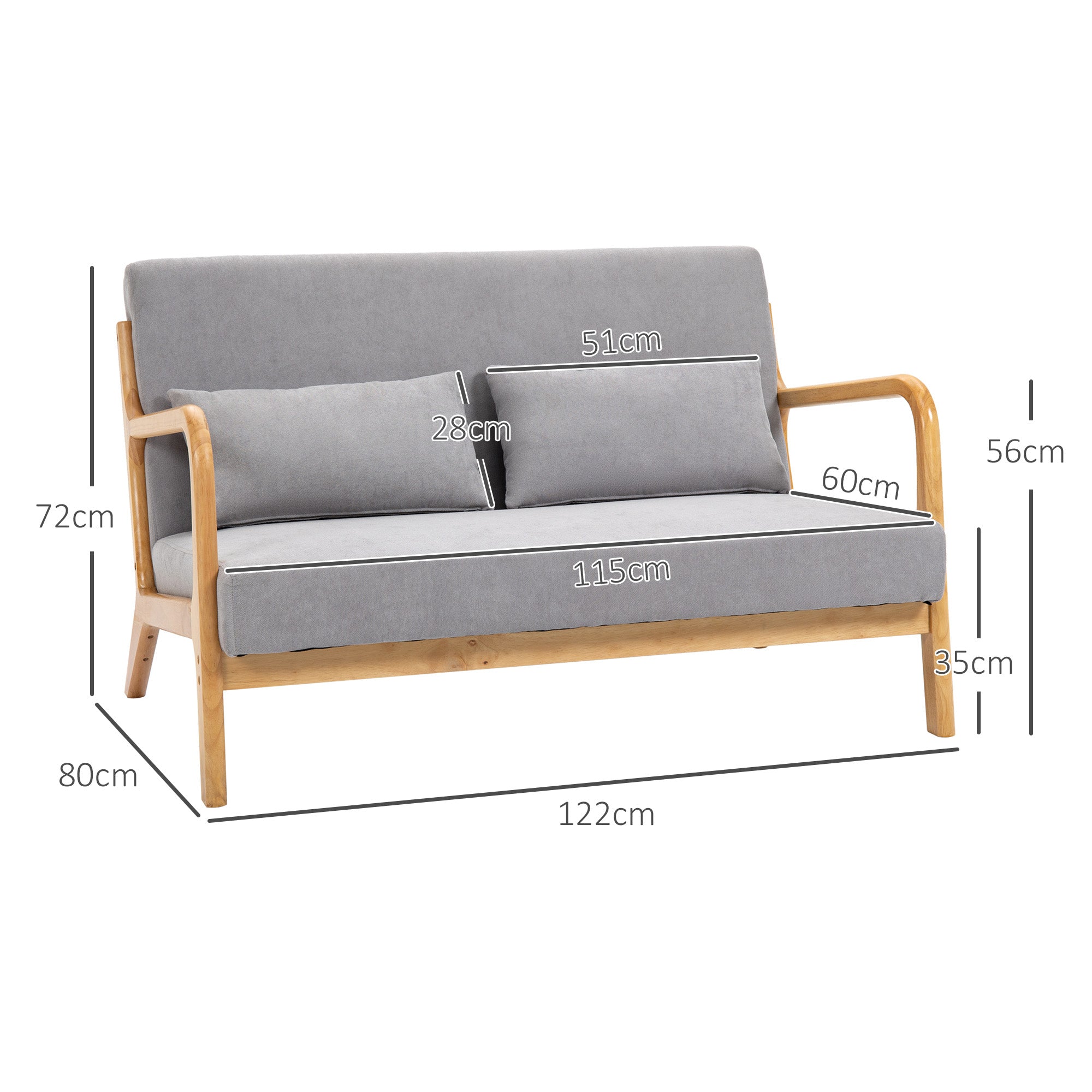 Modern 2-Seater Space-Saving Wood Sofa with Cushions, Upholstered Seat and Velvet Effect Fabric, 122x80x72 cm, Gray