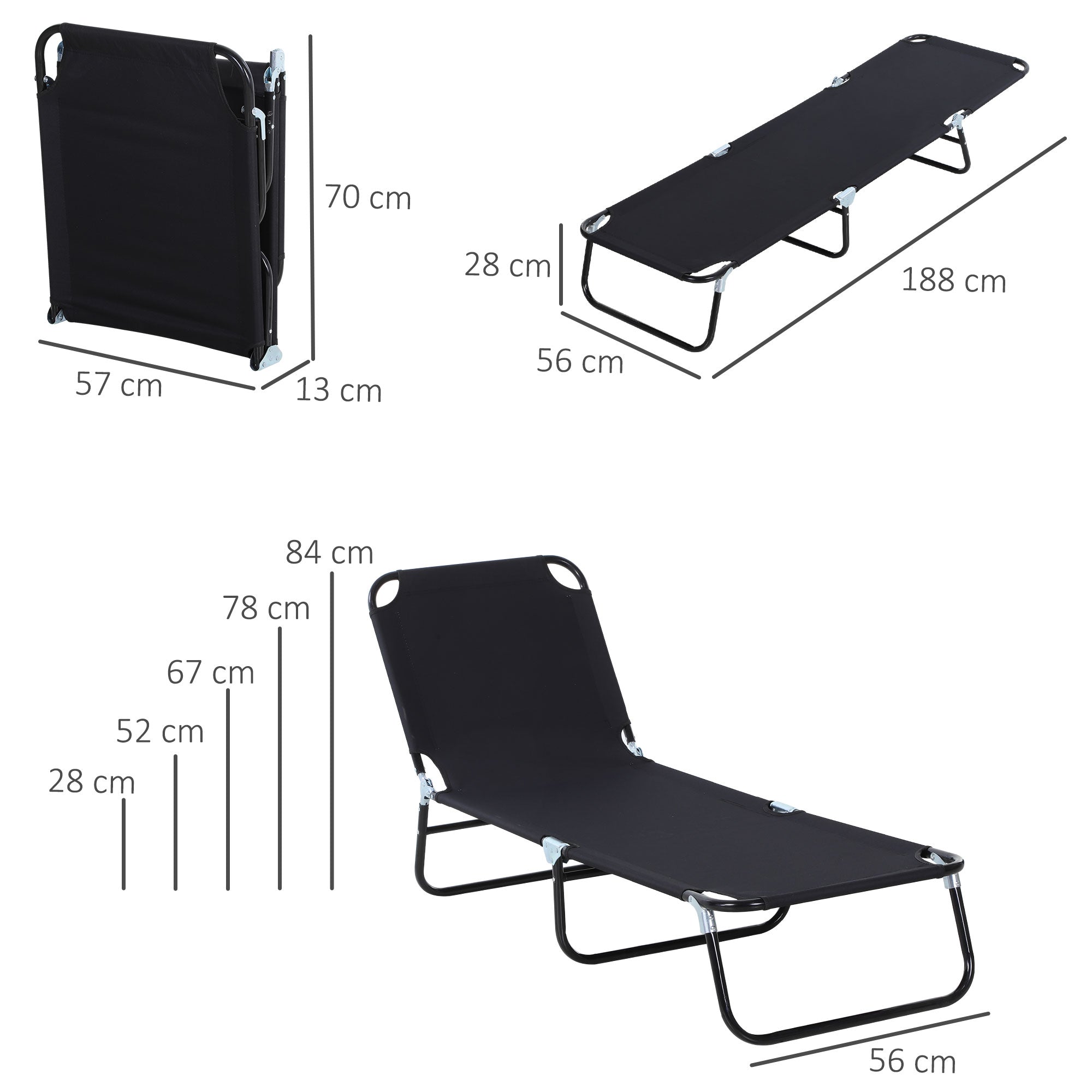 Foldable Sun Lounger Garden Lounge Chair with 5-Position Adjustable Backrest, Weatherproof Recliner Camping Chair, Garden Chair up to 120 kg load-bearing capacity, for Garden Vacation Outdoor Beach Pool, Black