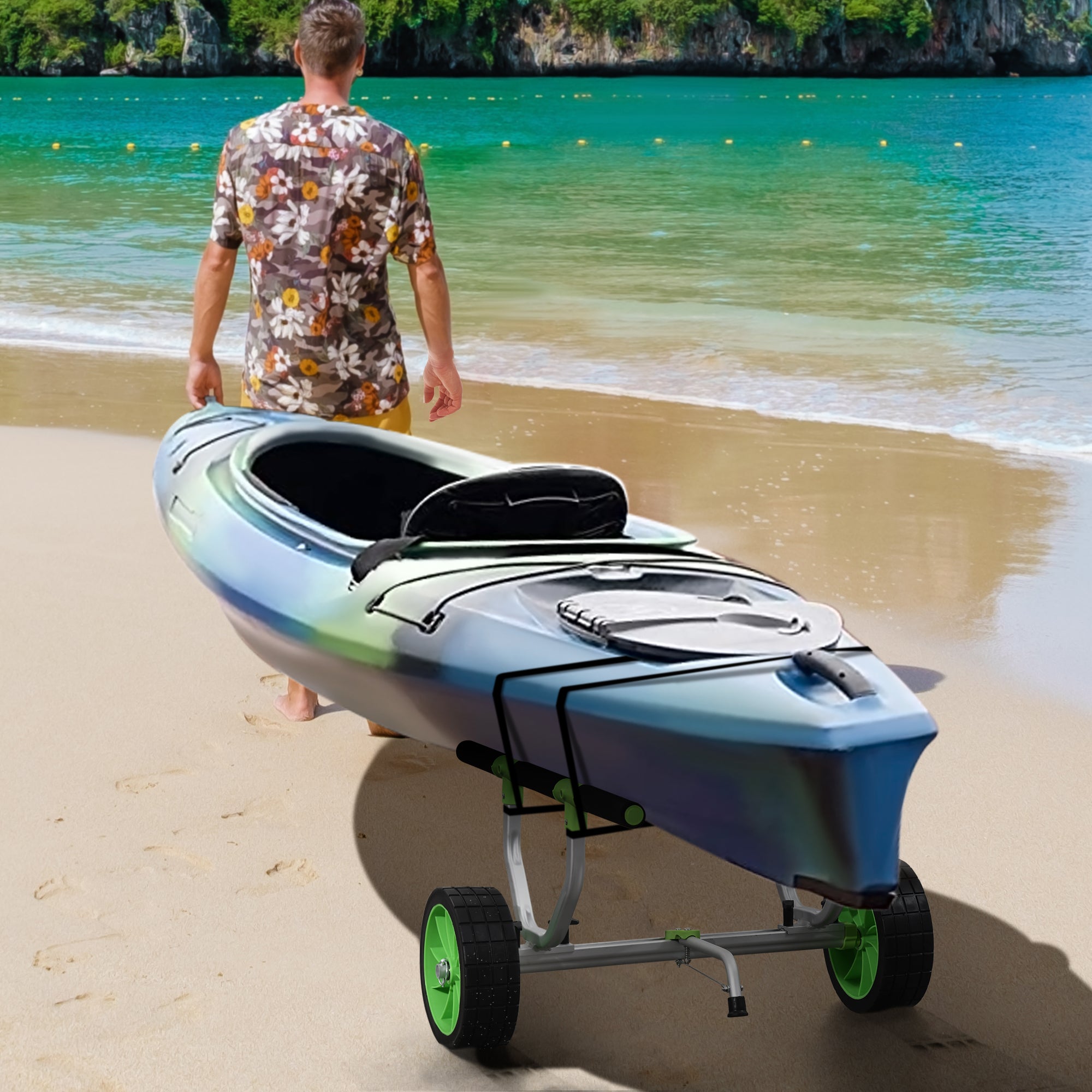 SPORTNOW Kayak, Stand-Up Paddleboard, Canoe Transport Cart with Adjustable Width, Large Wheels, and Aluminum Frame - 2 Straps Included Black Green