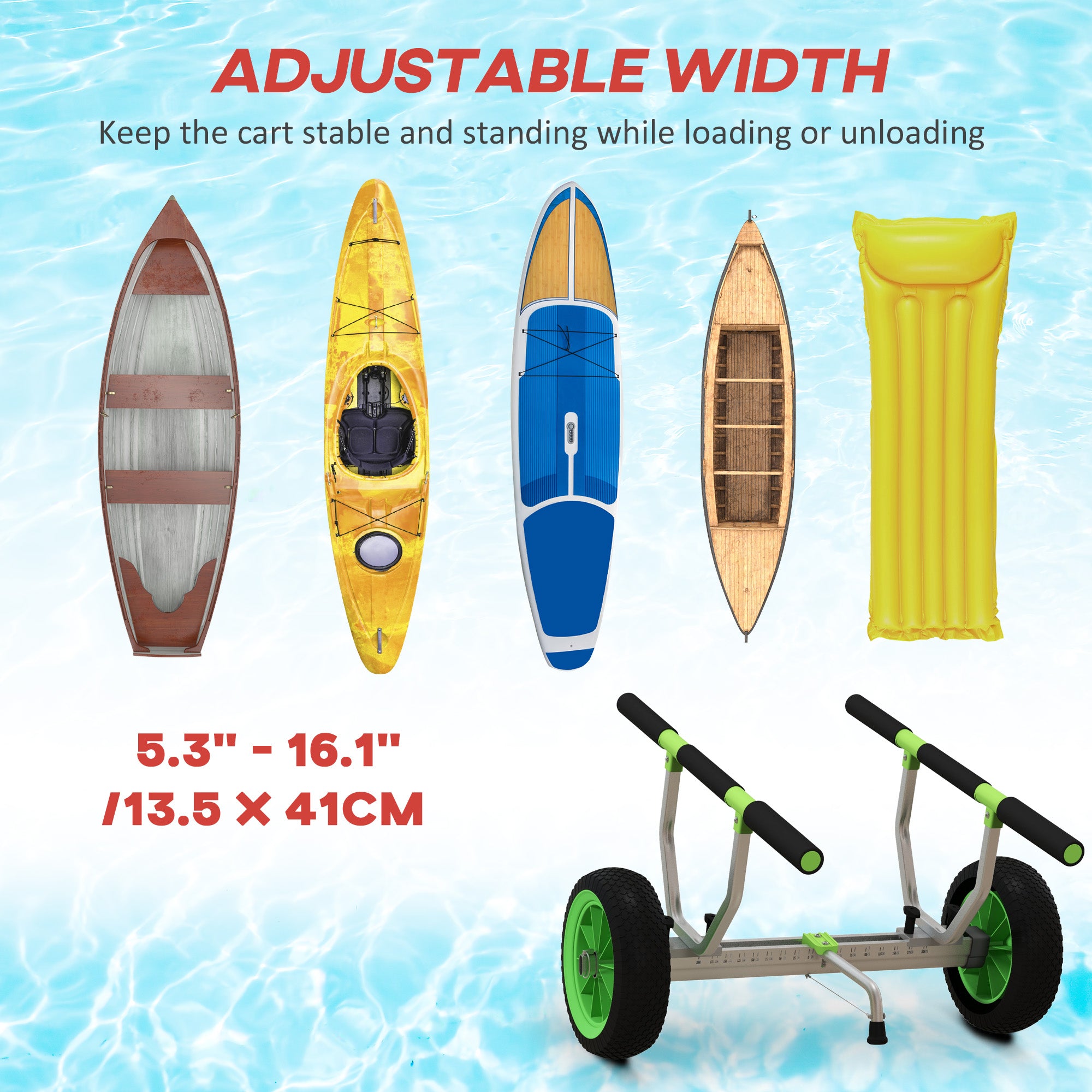SPORTNOW Kayak, Stand-Up Paddleboard, Canoe Transport Cart with Adjustable Width, Large Wheels, and Aluminum Frame - 2 Straps Included Black Green