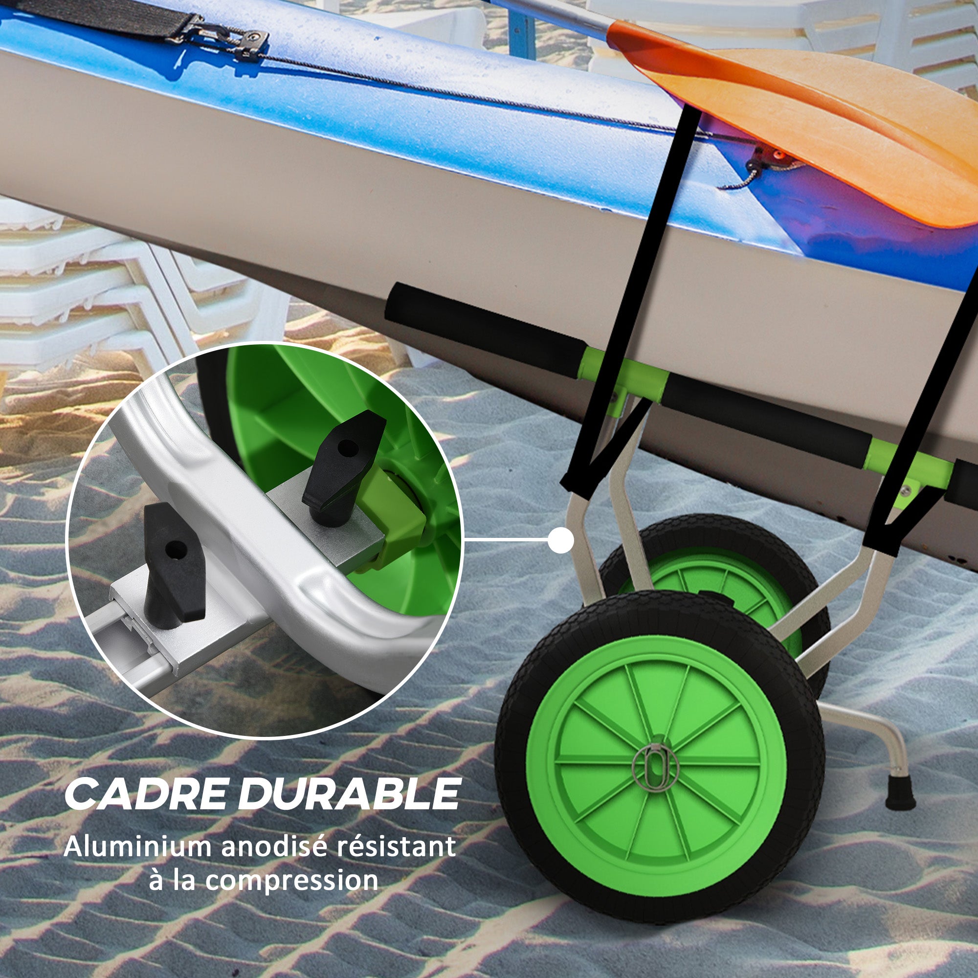 SPORTNOW Kayak, Stand-Up Paddleboard, Canoe Transport Cart with Adjustable Width, Large Wheels, and Aluminum Frame - 2 Straps Included Black Green
