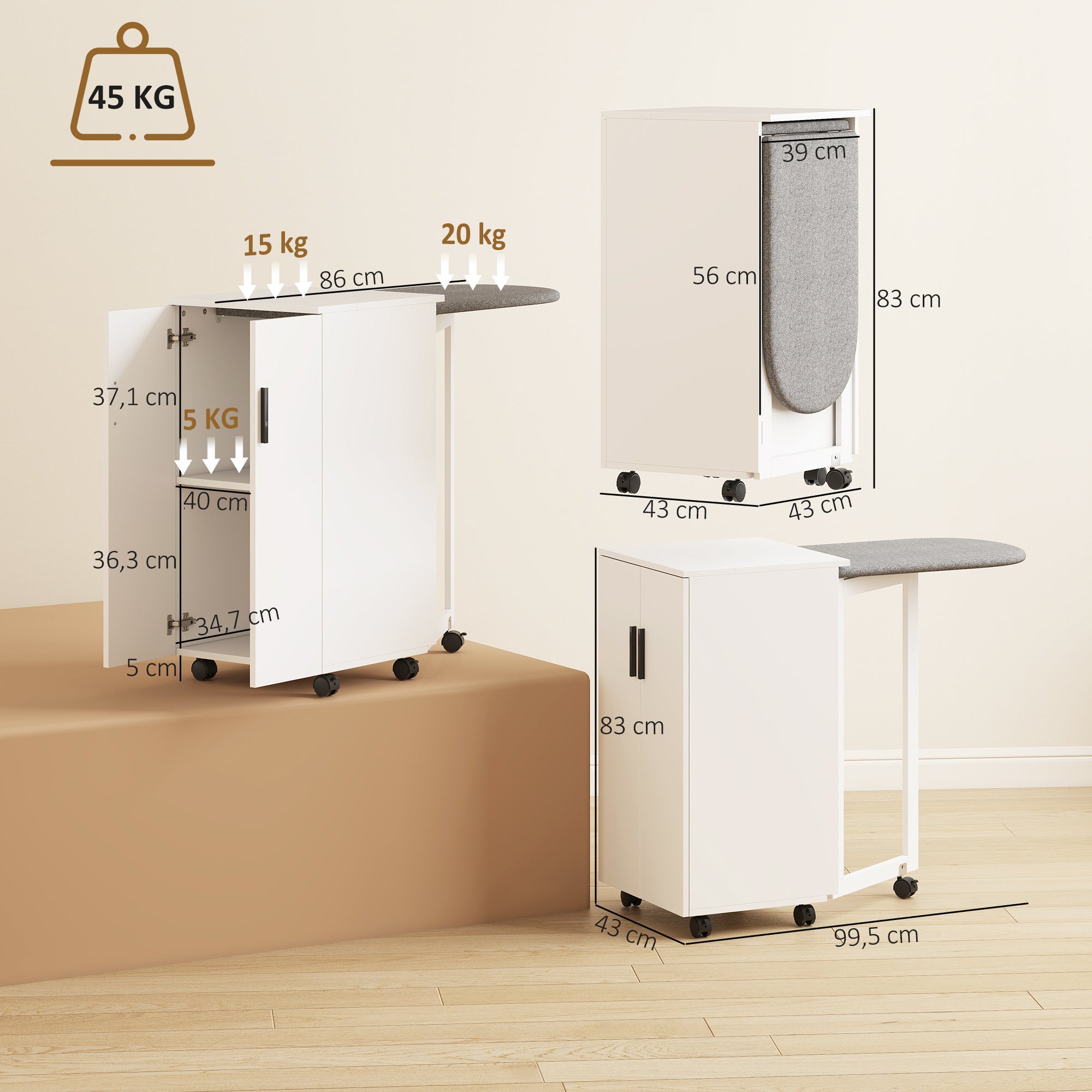 Foldable Ironing Board Cabinet with 2 Doors & Adjustable Shelves — Fold-Down Ironing Station with Storage, Soft-Close Hinges, Wheels, White (39.2 x 16.9 x 32.7 in)