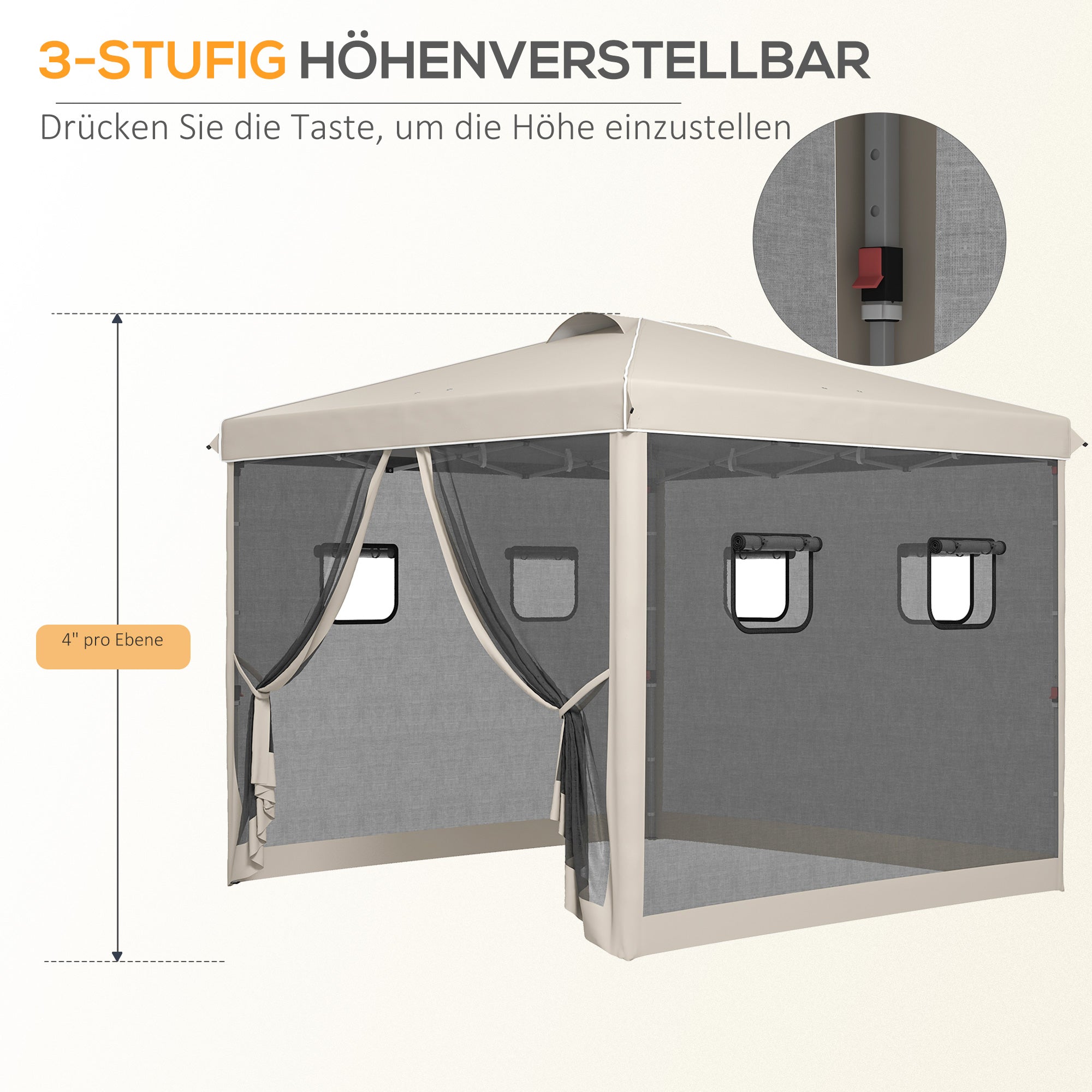 Pop-Up Gazebo approx. 3 x 3 m, Gazebo with 4 Mesh Curtains, Garden Gazebo with UV Protection, Pop-Up Gazebo with Windows, Carrying Bag, for Garden, Gazebo, Beige