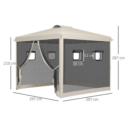 Pop-Up Gazebo approx. 3 x 3 m, Gazebo with 4 Mesh Curtains, Garden Gazebo with UV Protection, Pop-Up Gazebo with Windows, Carrying Bag, for Garden, Gazebo, Beige