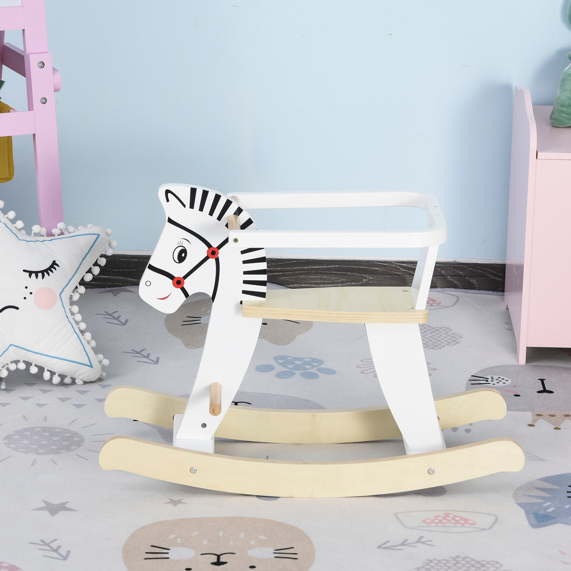 Zebra Rocking Horse - Wooden Rocking Horse - Wooden Rocking Toy - Handles Footrest Safety Ring