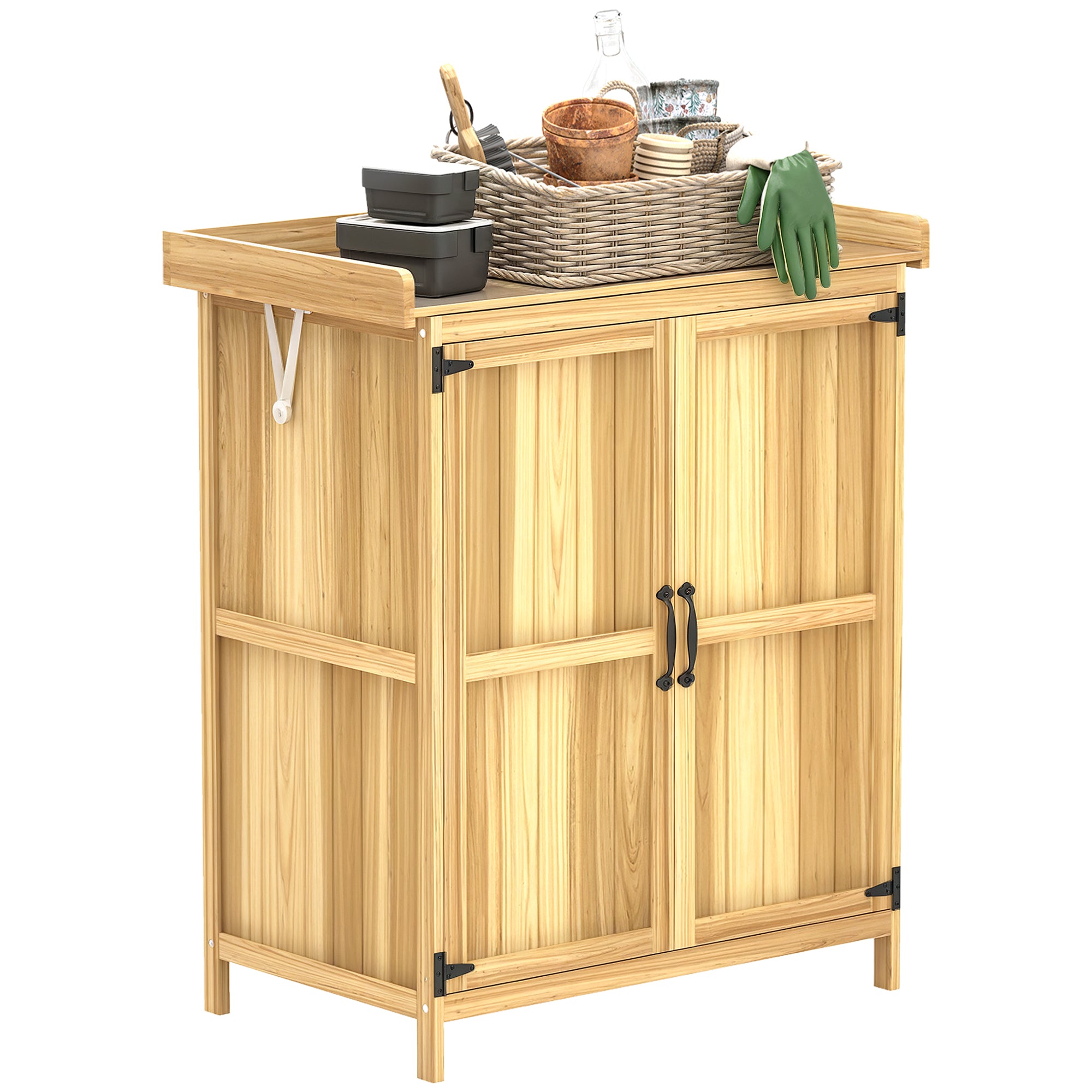 Garden Shed Wood, Weatherproof Tool Shed 74x43x88cm, Storage Shed with Foldable Roof, Shelves, Work surface, Tool Cabinet, Garden House Tool Cabinet Tool Shed for Garden, Natural Wood