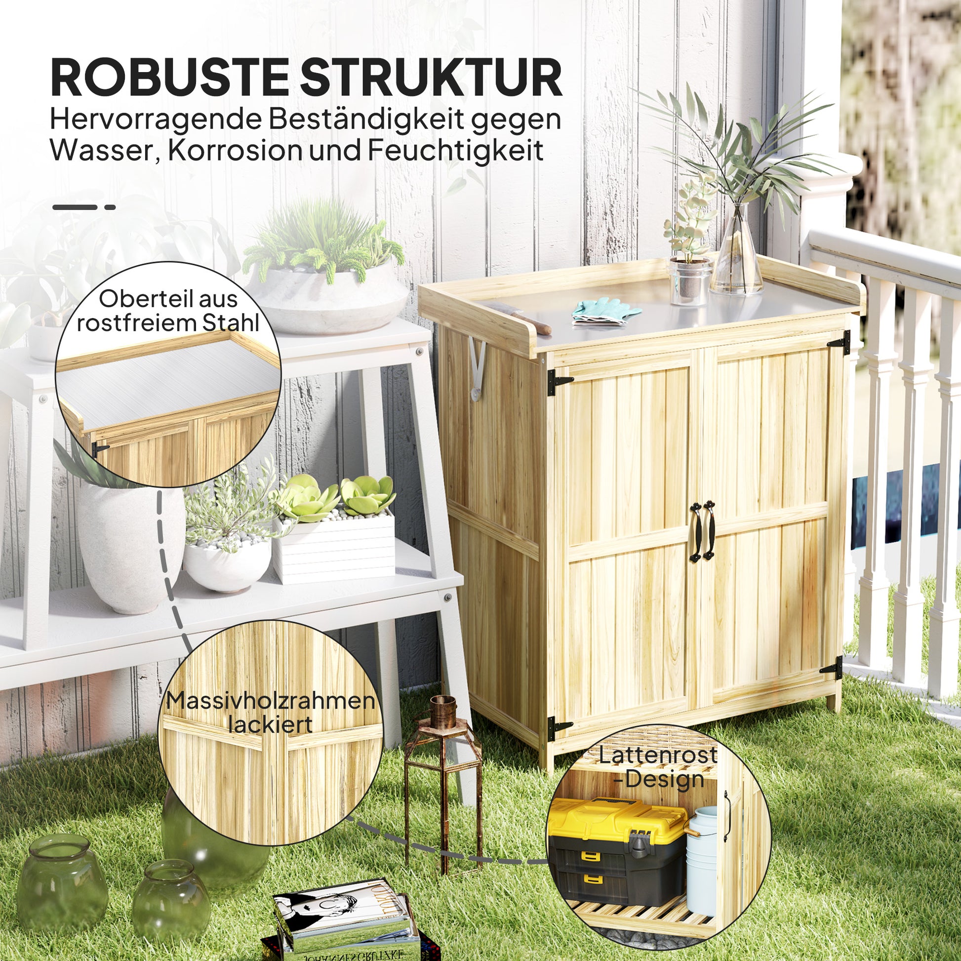 Garden Shed Wood, Weatherproof Tool Shed 74x43x88cm, Storage Shed with Foldable Roof, Shelves, Work surface, Tool Cabinet, Garden House Tool Cabinet Tool Shed for Garden, Natural Wood