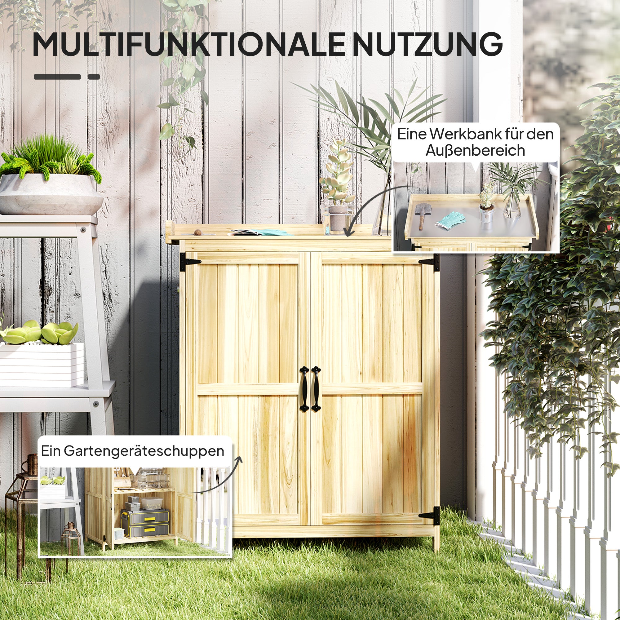 Garden Shed Wood, Weatherproof Tool Shed 74x43x88cm, Storage Shed with Foldable Roof, Shelves, Work surface, Tool Cabinet, Garden House Tool Cabinet Tool Shed for Garden, Natural Wood