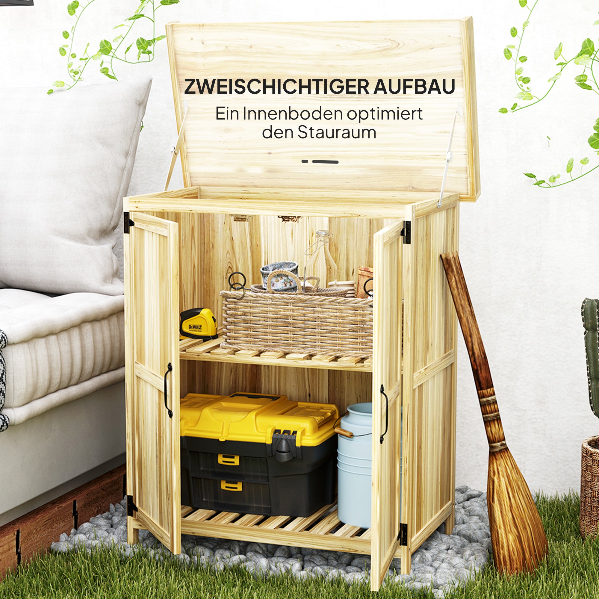 Garden Shed Wood, Weatherproof Tool Shed 74x43x88cm, Storage Shed with Foldable Roof, Shelves, Work surface, Tool Cabinet, Garden House Tool Cabinet Tool Shed for Garden, Natural Wood