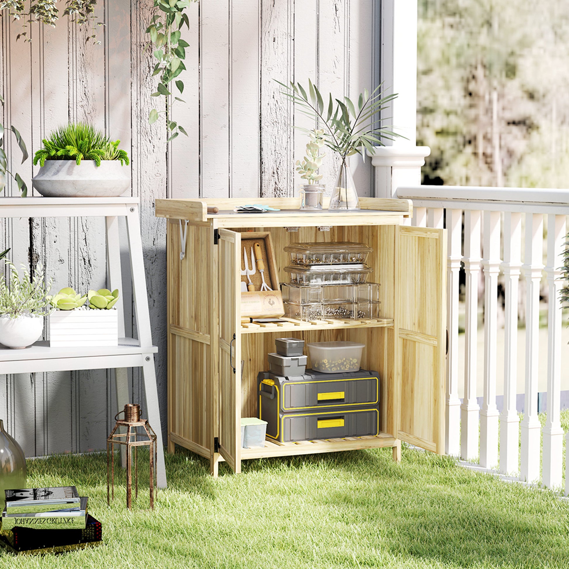 Garden Shed Wood, Weatherproof Tool Shed 74x43x88cm, Storage Shed with Foldable Roof, Shelves, Work surface, Tool Cabinet, Garden House Tool Cabinet Tool Shed for Garden, Natural Wood