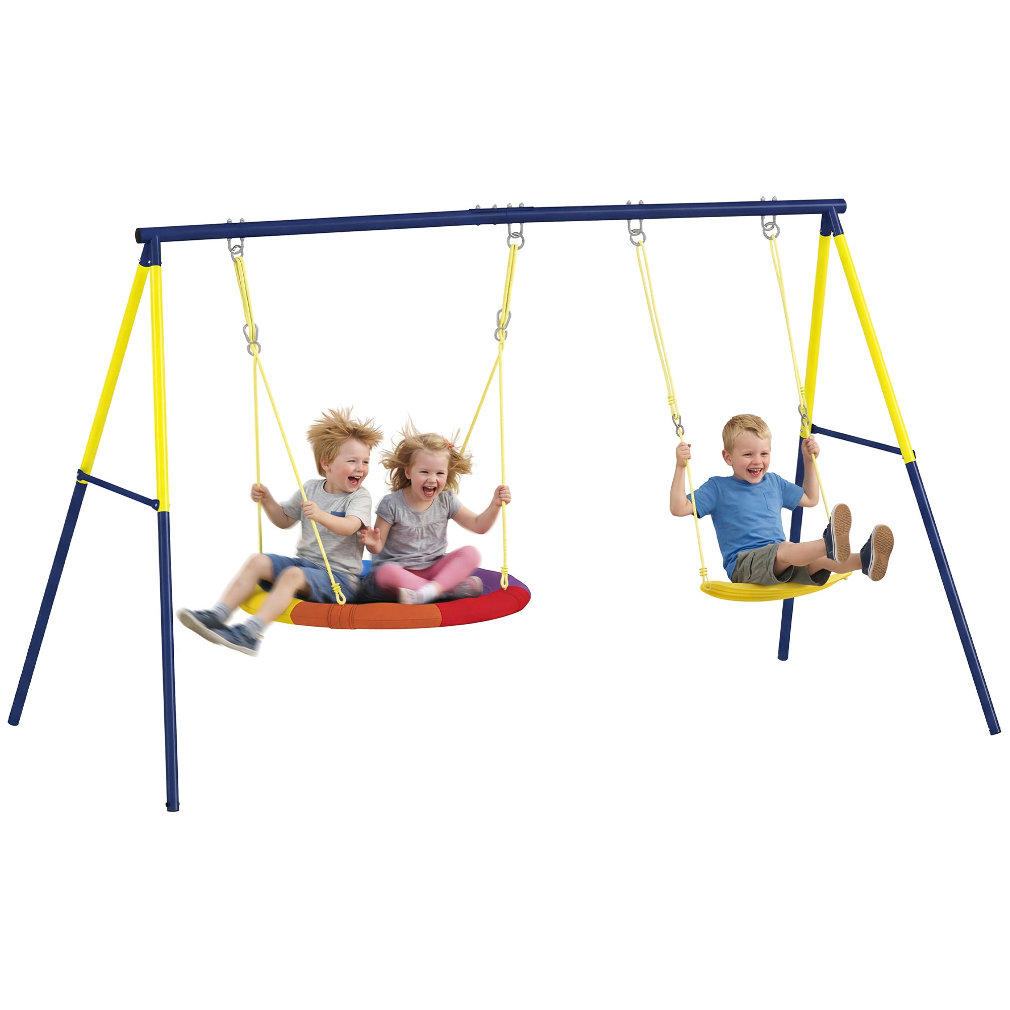 Kids Double Swing Set – Outdoor Playground with Adjustable Ropes, Metal Frame, Ages 3–8, 330 lb Capacity, Multicolor