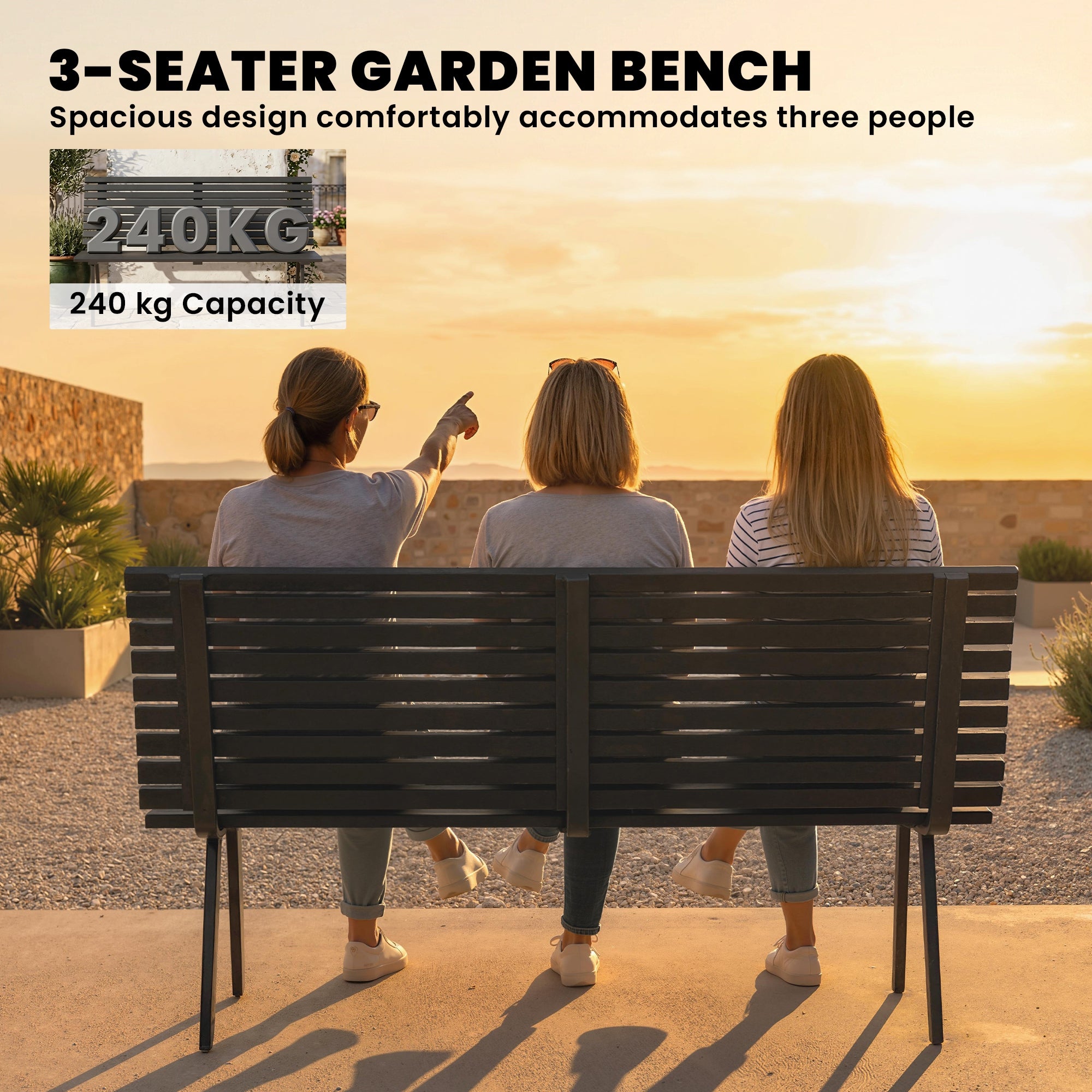 3-Seater Weather-Resistant Metal Garden Bench, Slatted Design, Up to 529 lb Capacity — 154 x 68 x 88 cm (60.6 x 26.8 x 34.6 in), Black
