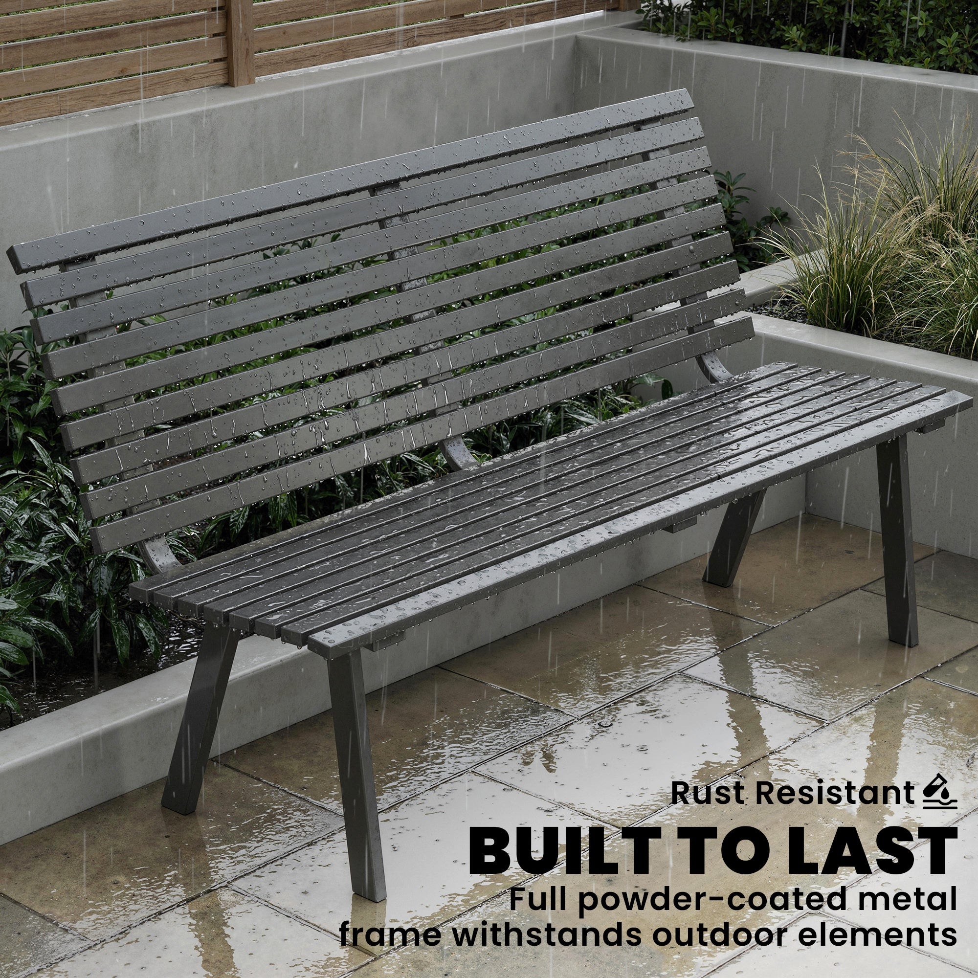 3-Seater Weather-Resistant Metal Garden Bench, Slatted Design, Up to 529 lb Capacity — 154 x 68 x 88 cm (60.6 x 26.8 x 34.6 in), Black