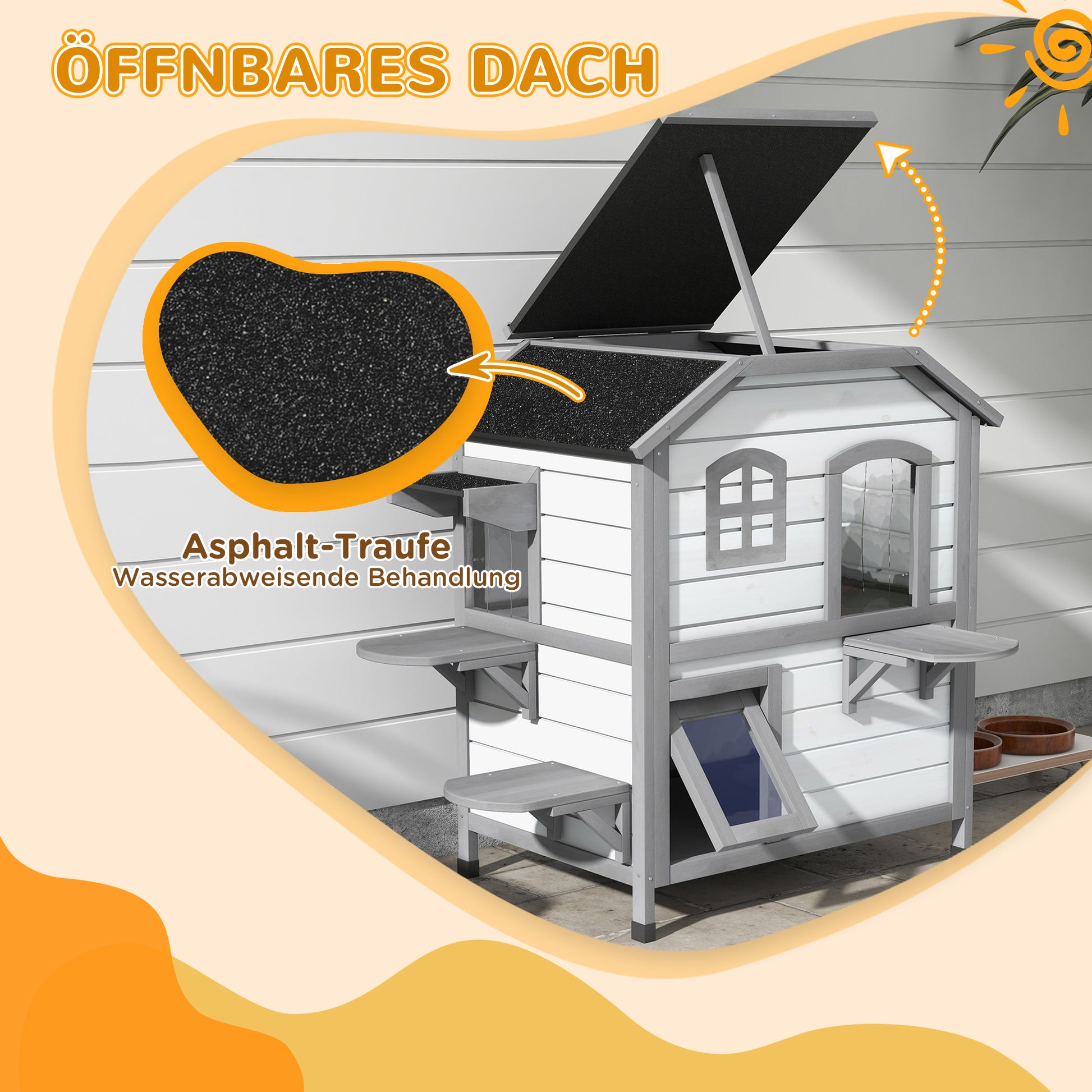 Wooden Cat House 2-Story Winterproof Waterproof Cat Cottage with Asphalt Roof Foldable Lid Stairs Cat Cave Outdoor Shelter for Outside Garden Balcony 78 x 55.5 x 91 cm White