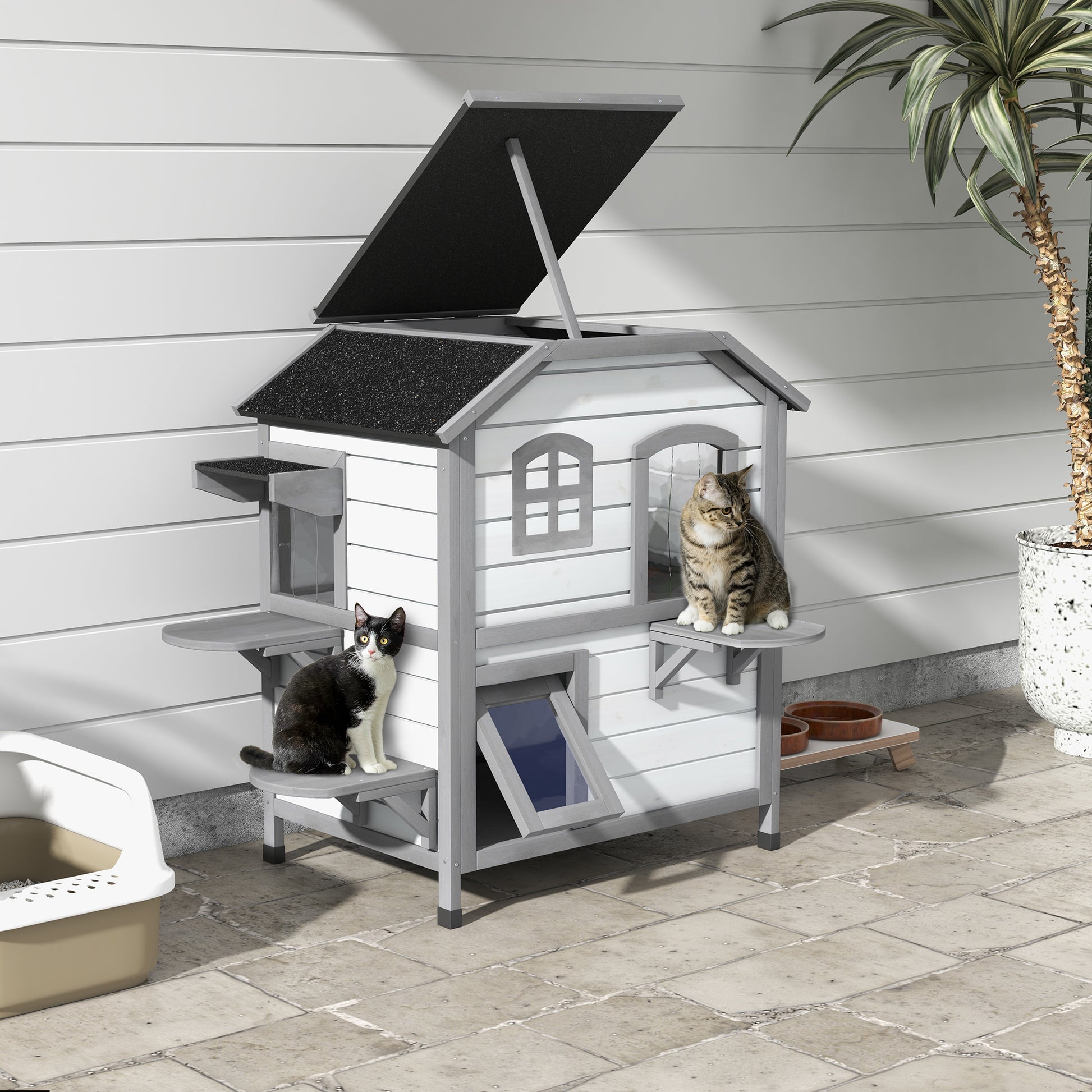 Wooden Cat House 2-Story Winterproof Waterproof Cat Cottage with Asphalt Roof Foldable Lid Stairs Cat Cave Outdoor Shelter for Outside Garden Balcony 78 x 55.5 x 91 cm White