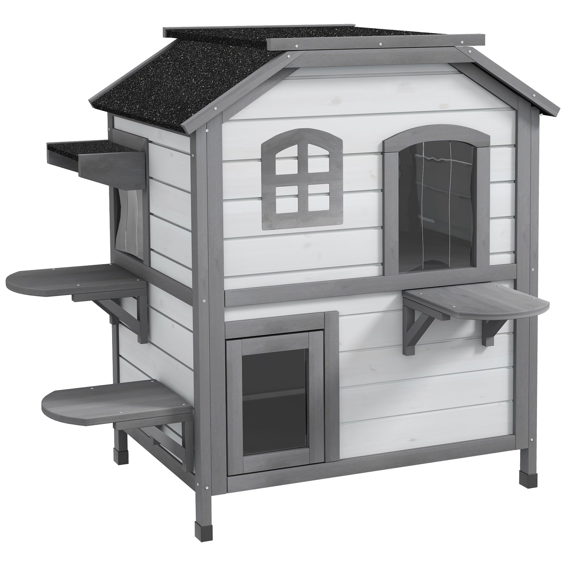 Wooden Cat House 2-Story Winterproof Waterproof Cat Cottage with Asphalt Roof Foldable Lid Stairs Cat Cave Outdoor Shelter for Outside Garden Balcony 78 x 55.5 x 91 cm White