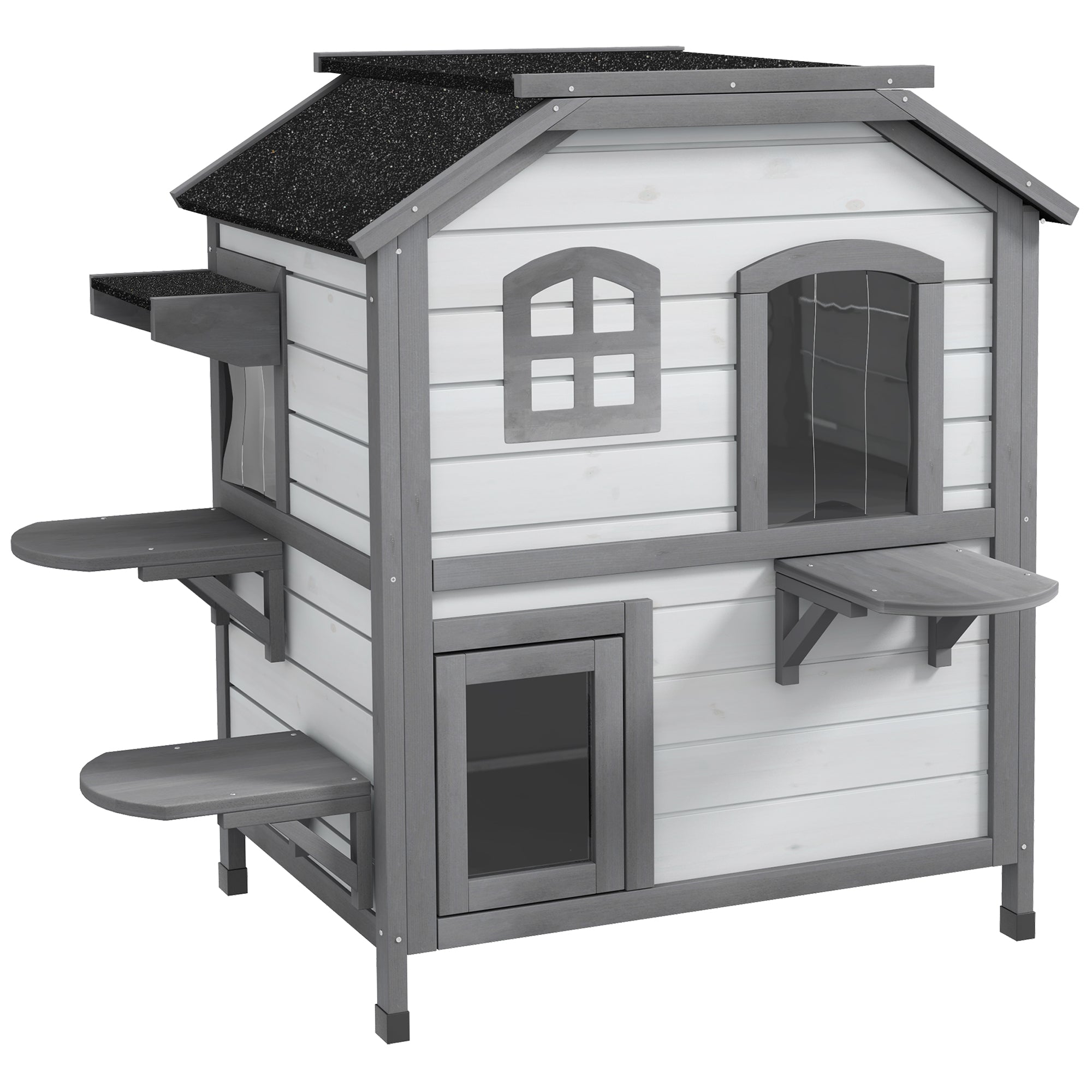 Wooden Cat House 2-Story Winterproof Waterproof Cat Cottage with Asphalt Roof Foldable Lid Stairs Cat Cave Outdoor Shelter for Outside Garden Balcony 78 x 55.5 x 91 cm White