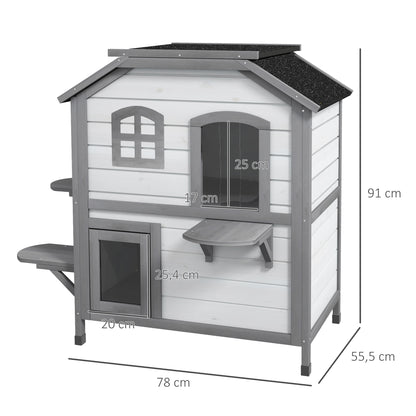Wooden Cat House 2-Story Winterproof Waterproof Cat Cottage with Asphalt Roof Foldable Lid Stairs Cat Cave Outdoor Shelter for Outside Garden Balcony 78 x 55.5 x 91 cm White
