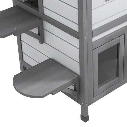 Wooden Cat House 2-Story Winterproof Waterproof Cat Cottage with Asphalt Roof Foldable Lid Stairs Cat Cave Outdoor Shelter for Outside Garden Balcony 78 x 55.5 x 91 cm White