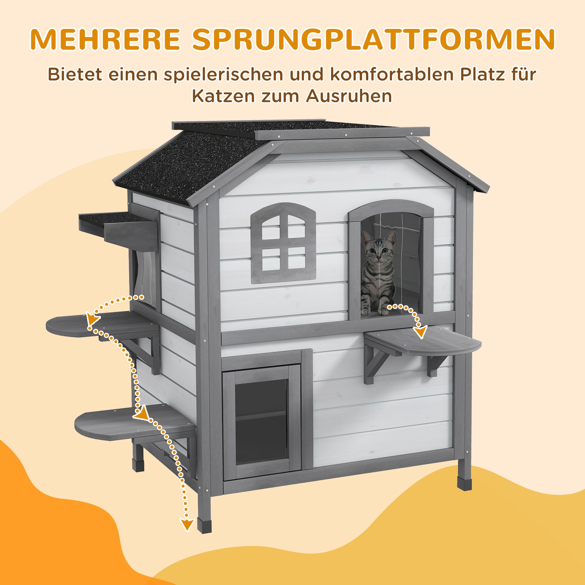 Wooden Cat House 2-Story Winterproof Waterproof Cat Cottage with Asphalt Roof Foldable Lid Stairs Cat Cave Outdoor Shelter for Outside Garden Balcony 78 x 55.5 x 91 cm White